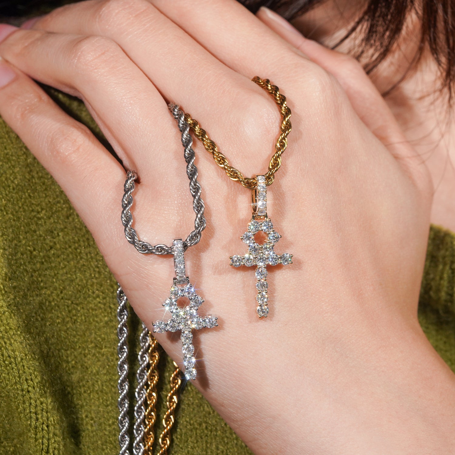 Moissanite Diamond 3MM 10K Solid Gold Ankh Cross Pendant Fit For 3MM Tennis Chain