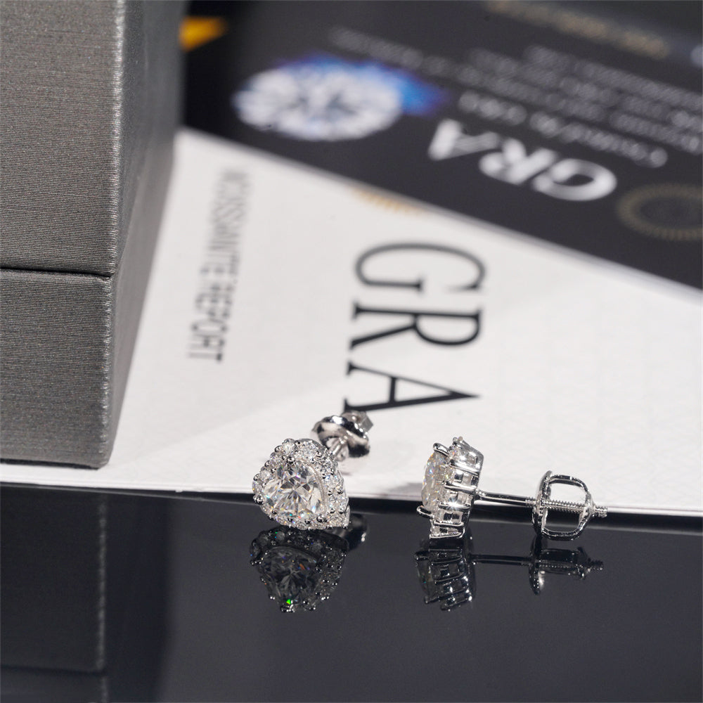 Cute Style Hot Sell Sterling Silver 925 Moissanite Diamond Halo Heart Earrings