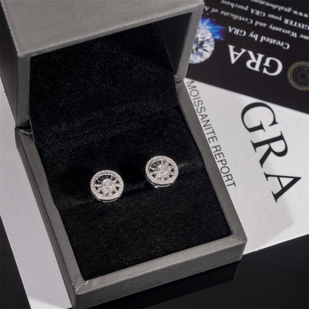 Solid Silver Cricle Round Earrings With GRA Certificate Moissanite Diamond