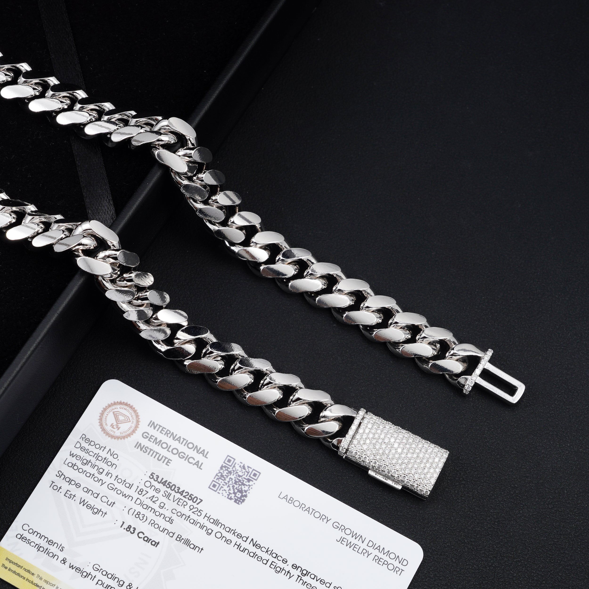 IGI Certificated 925 Silver Miami Cuban Chain With Lab Diamonds Clasp
