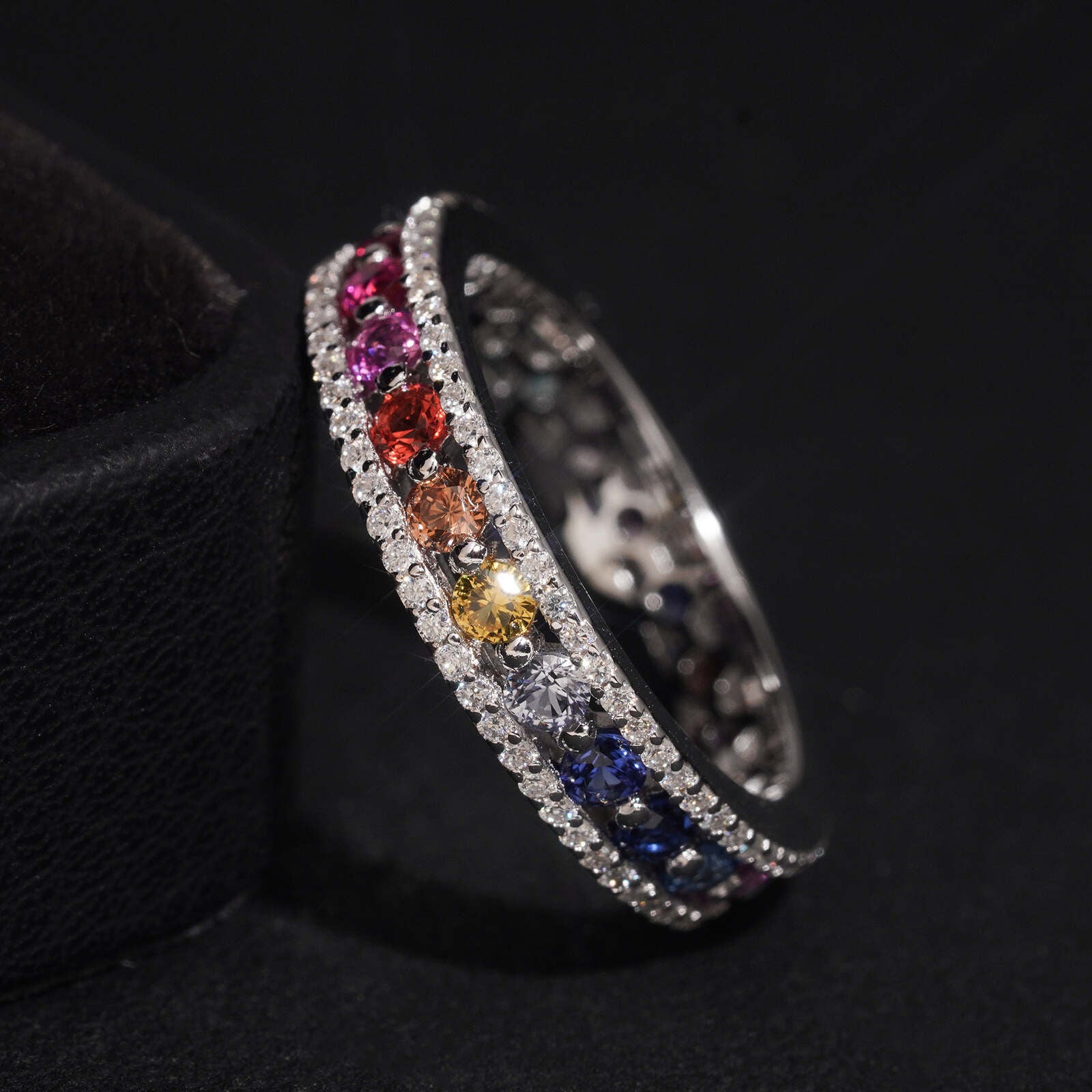 Women Rainbow Moissanite Diamond Eternity Ring 925 Silver