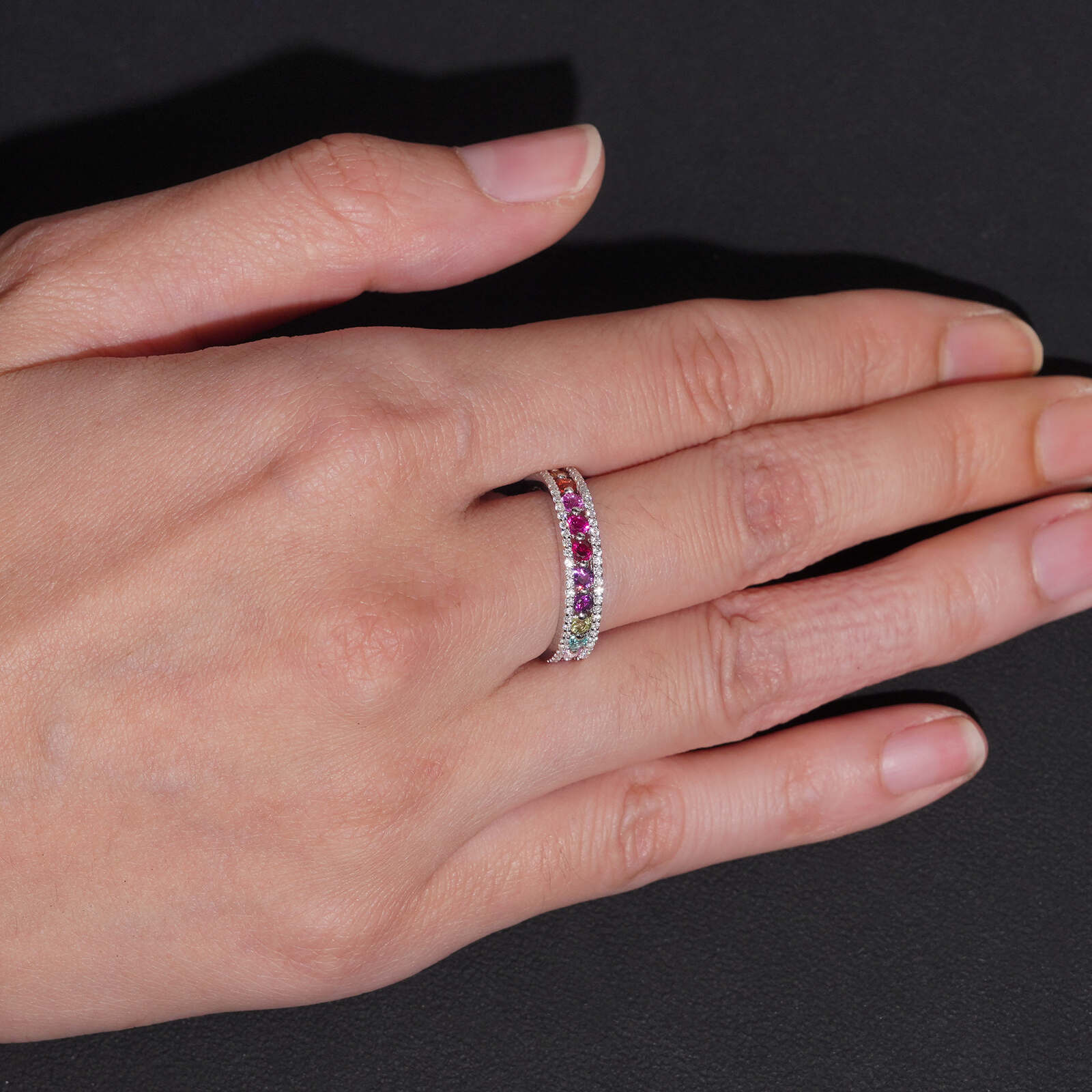 Women Rainbow Moissanite Diamond Eternity Ring 925 Silver