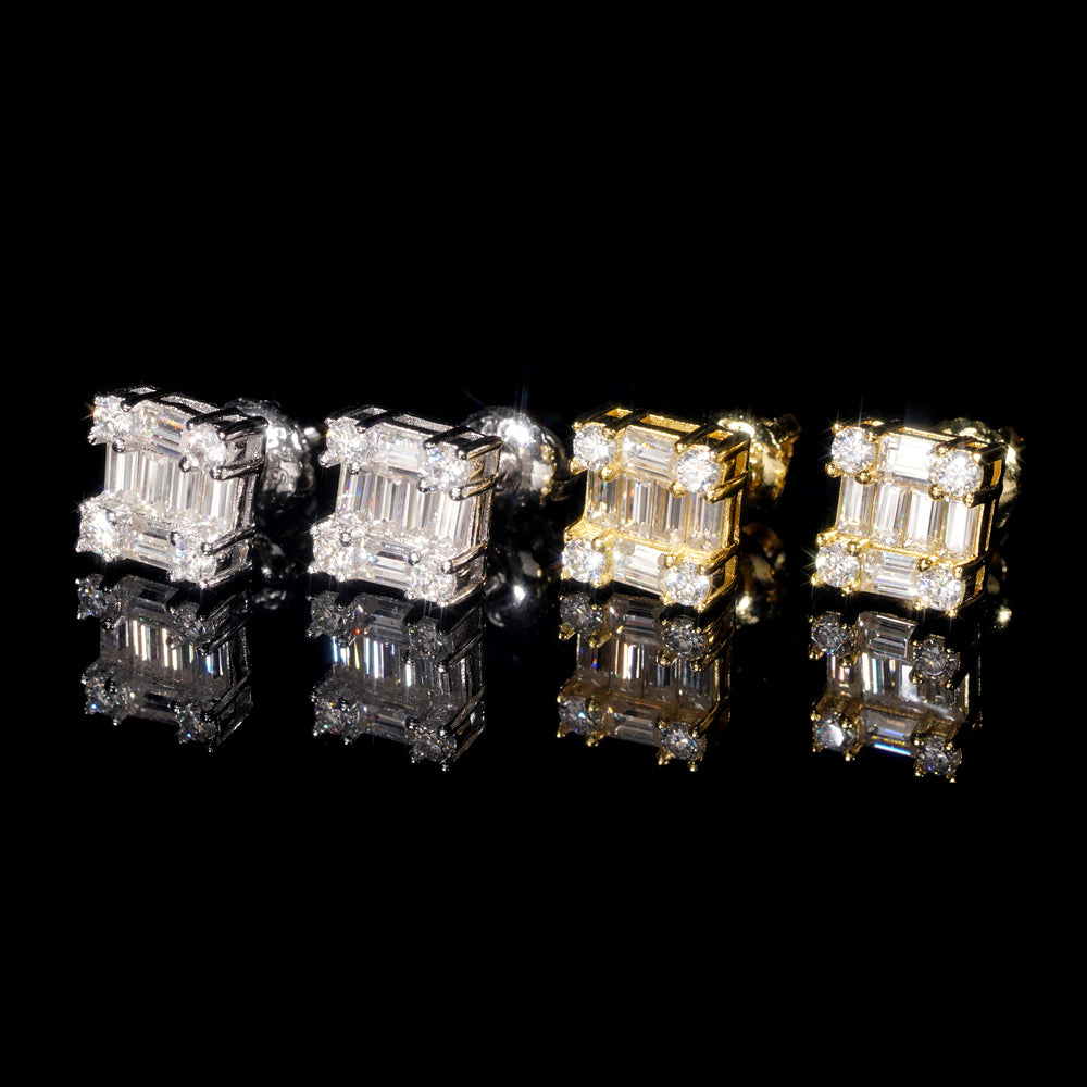 Round Mix Baguette Deisgn VVS Moissanite Diamond Studs For Men and Women