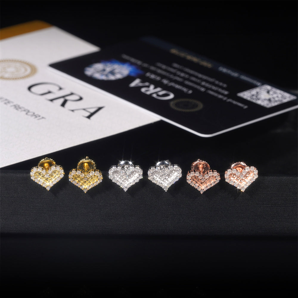 Solid Silver 925 Moissanite Diamond Mini Size Heart Shaped Stud Earrings