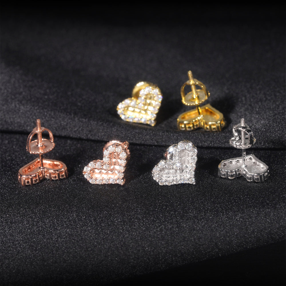 Solid Silver 925 Moissanite Diamond Mini Size Heart Shaped Stud Earrings