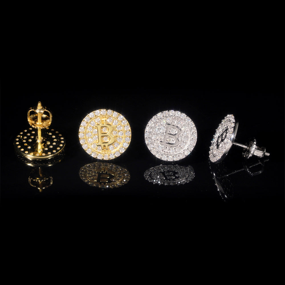 Iced Out 925 Sterling Silver Bitcoin Logo Stud Earrings Screw Back For Men And Women