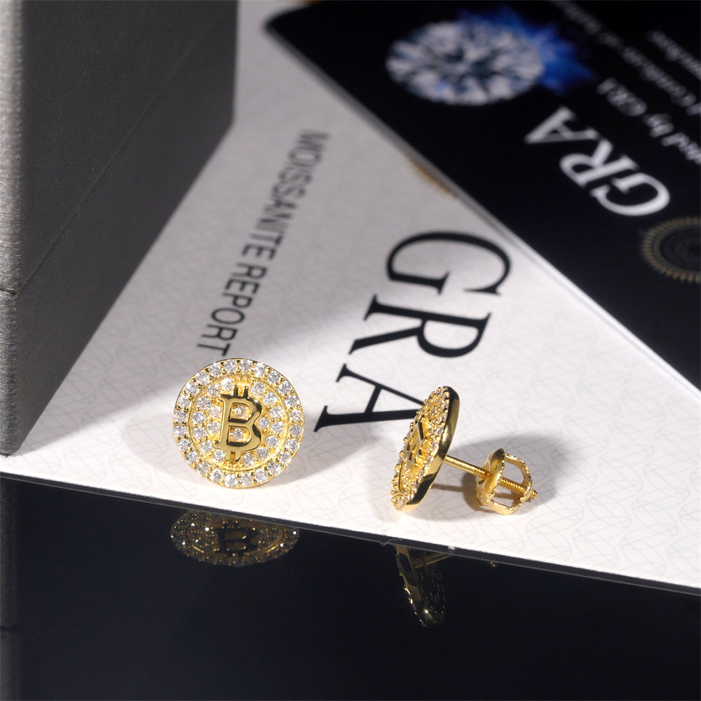 Iced Out 925 Sterling Silver Bitcoin Logo Stud Earrings Screw Back For Men And Women