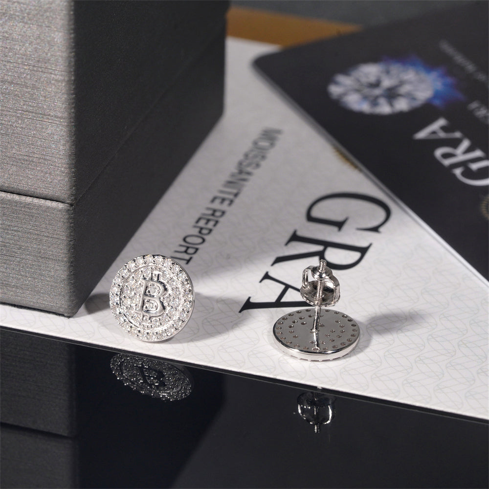Iced Out 925 Sterling Silver Bitcoin Logo Stud Earrings Screw Back For Men And Women