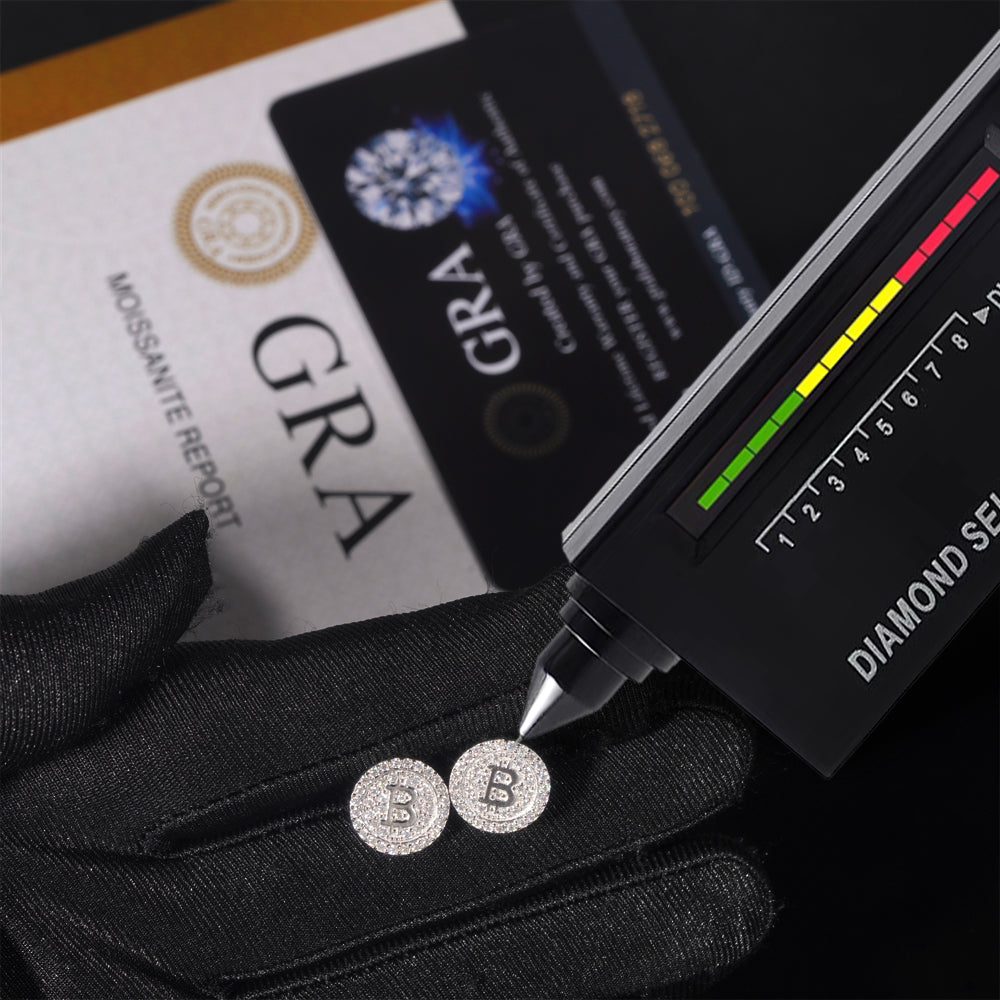 Iced Out 925 Sterling Silver Bitcoin Logo Stud Earrings Screw Back For Men And Women