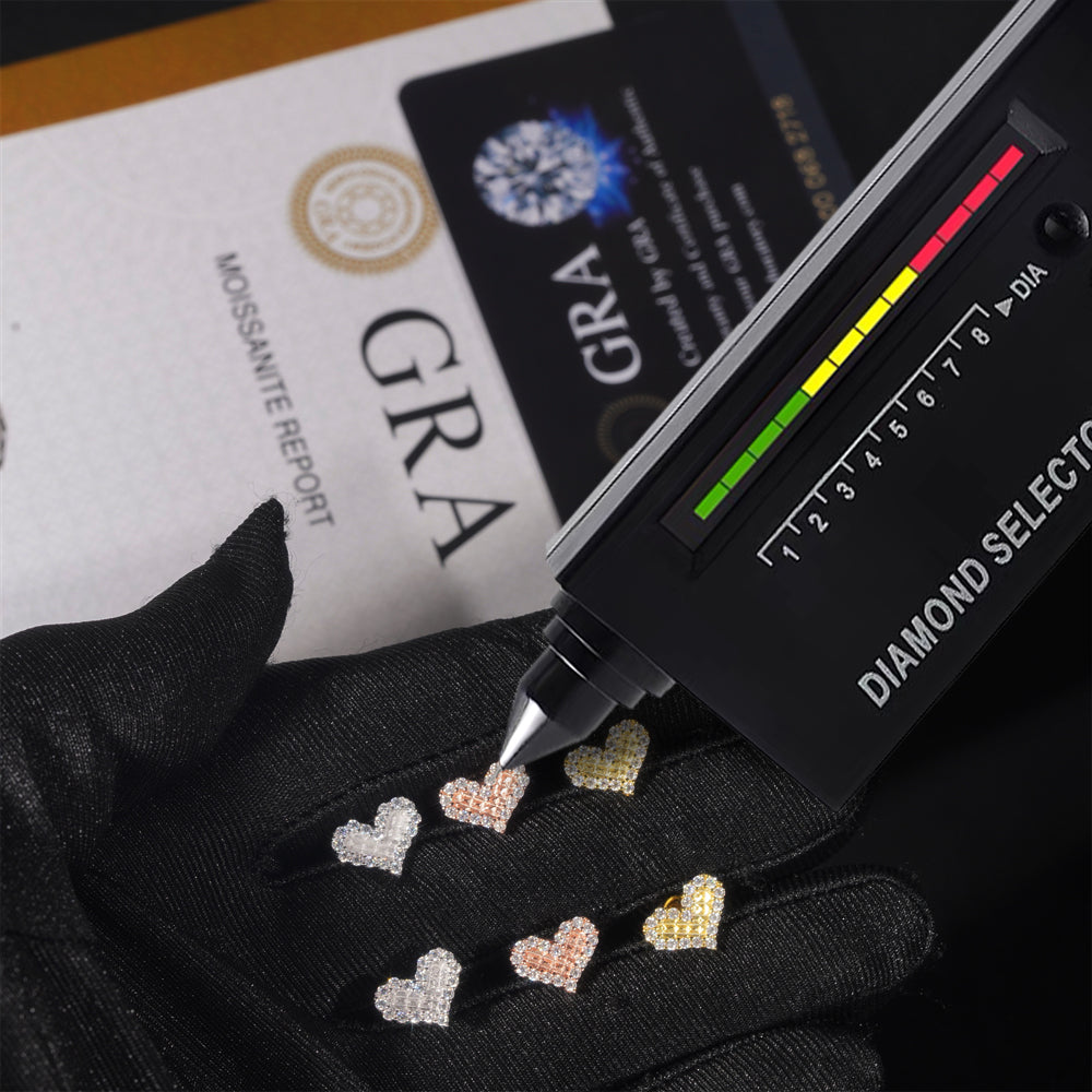 Solid Silver 925 Moissanite Diamond Mini Size Heart Shaped Stud Earrings