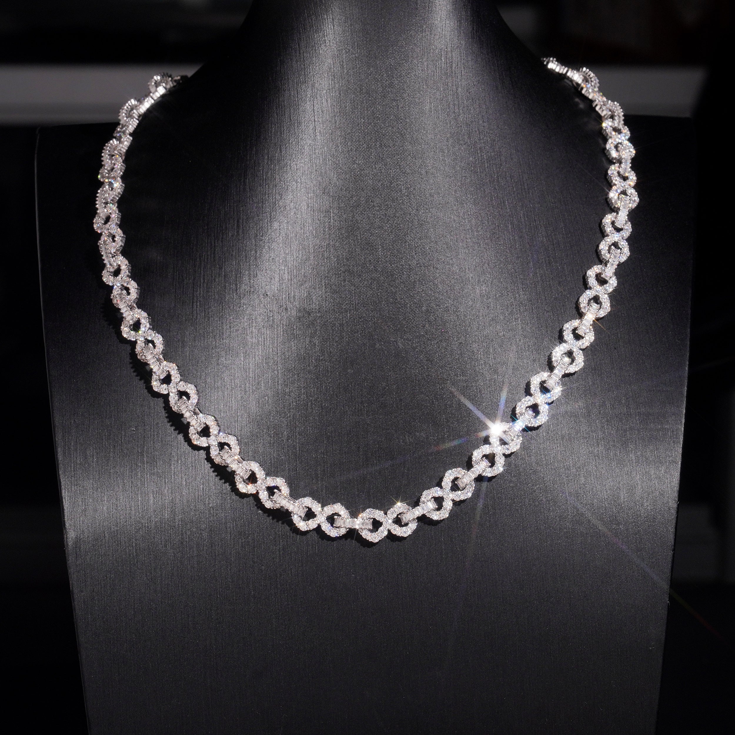 Solid Silver 8MM Moissanite Diamond Infinity Link Chain Necklace