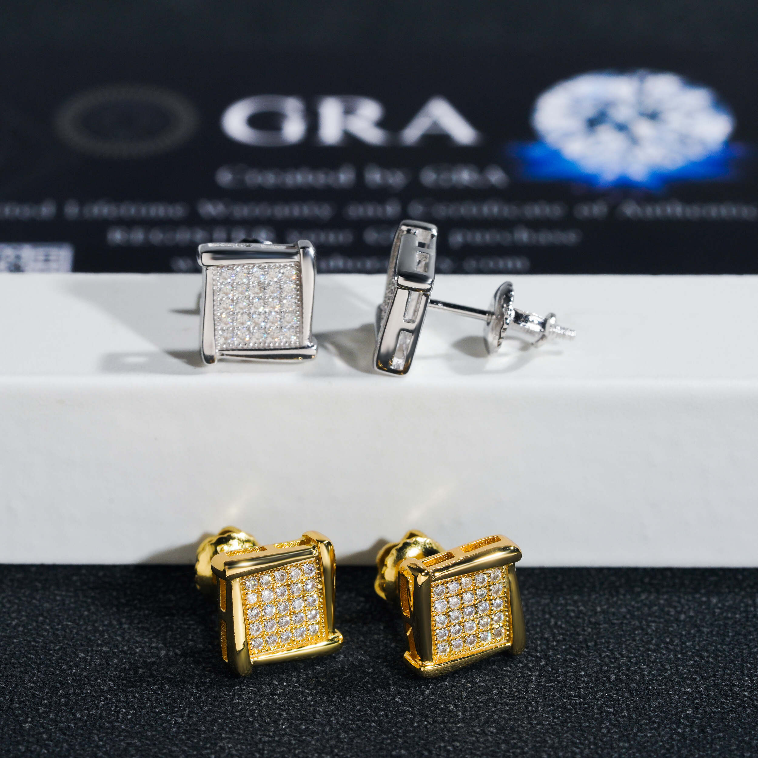 Men's Silver Square Kite Stud Earrings, Screw Back Hip Hop Jewelry