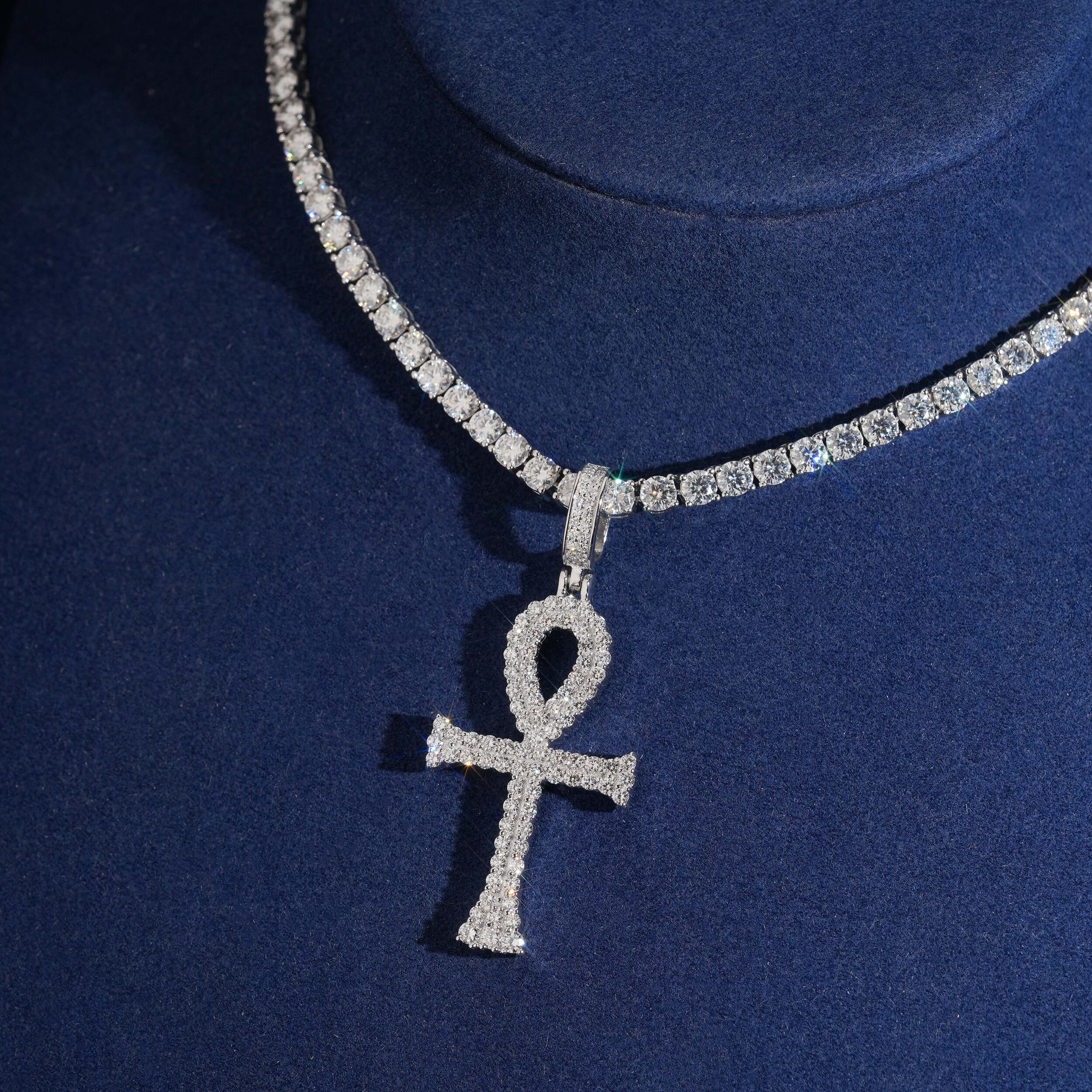 925 Sterling Silver Lab Grown Diamond Ankh Cross Pendant Charm