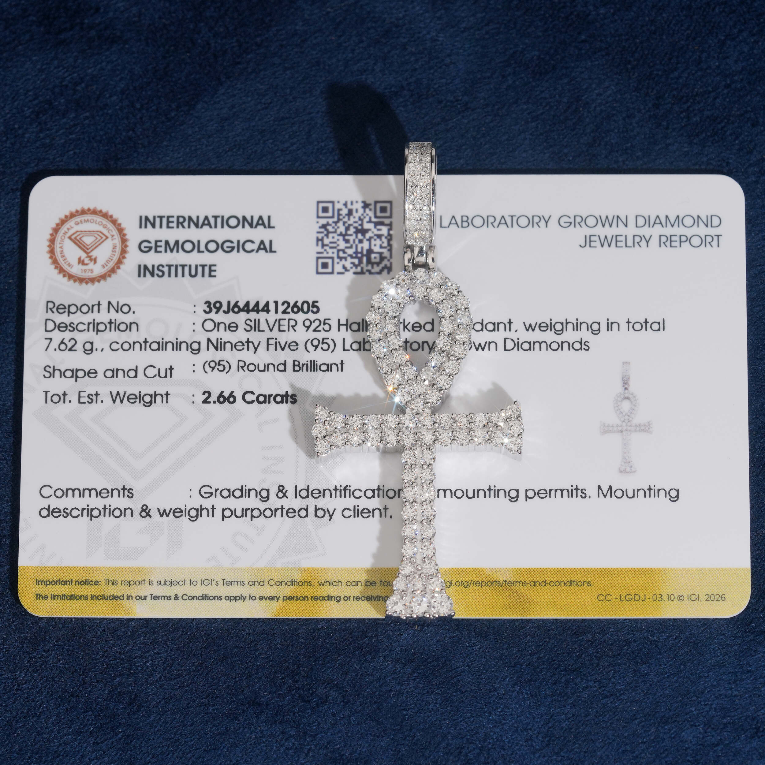 925 Sterling Silver Lab Grown Diamond Ankh Cross Pendant Charm