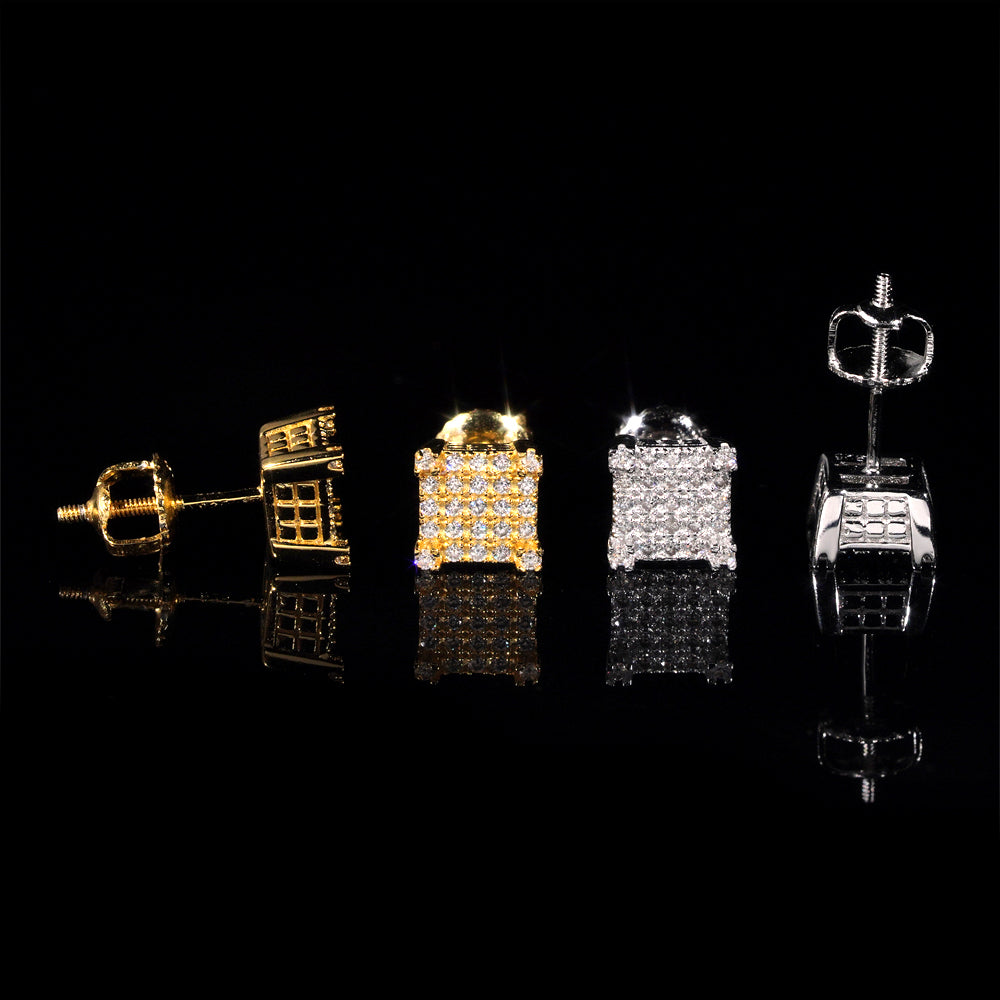 925 Silver Square Stud Earrings, VVS Moissanite, Hip Hop Jewelry