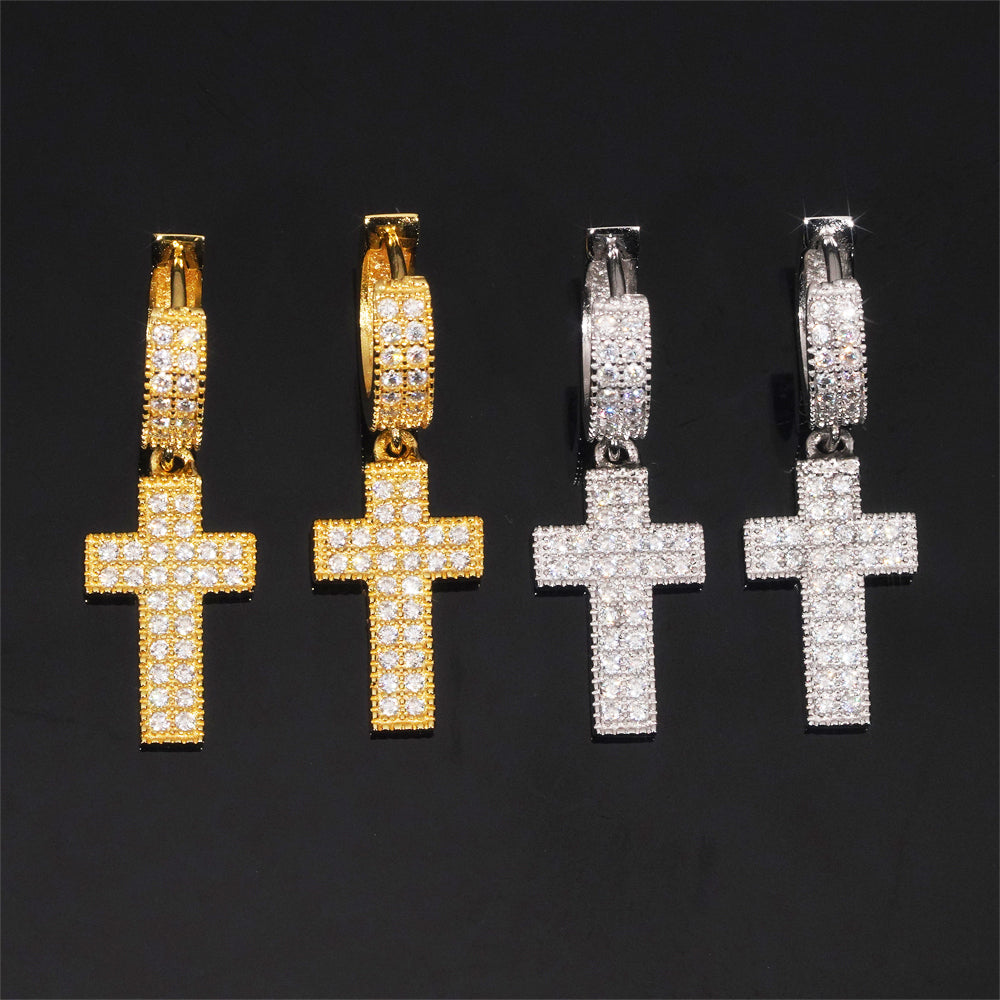 925 Silver VVS Moissanite Cross Hoop Earrings Unisex Hip Hop Jewelry