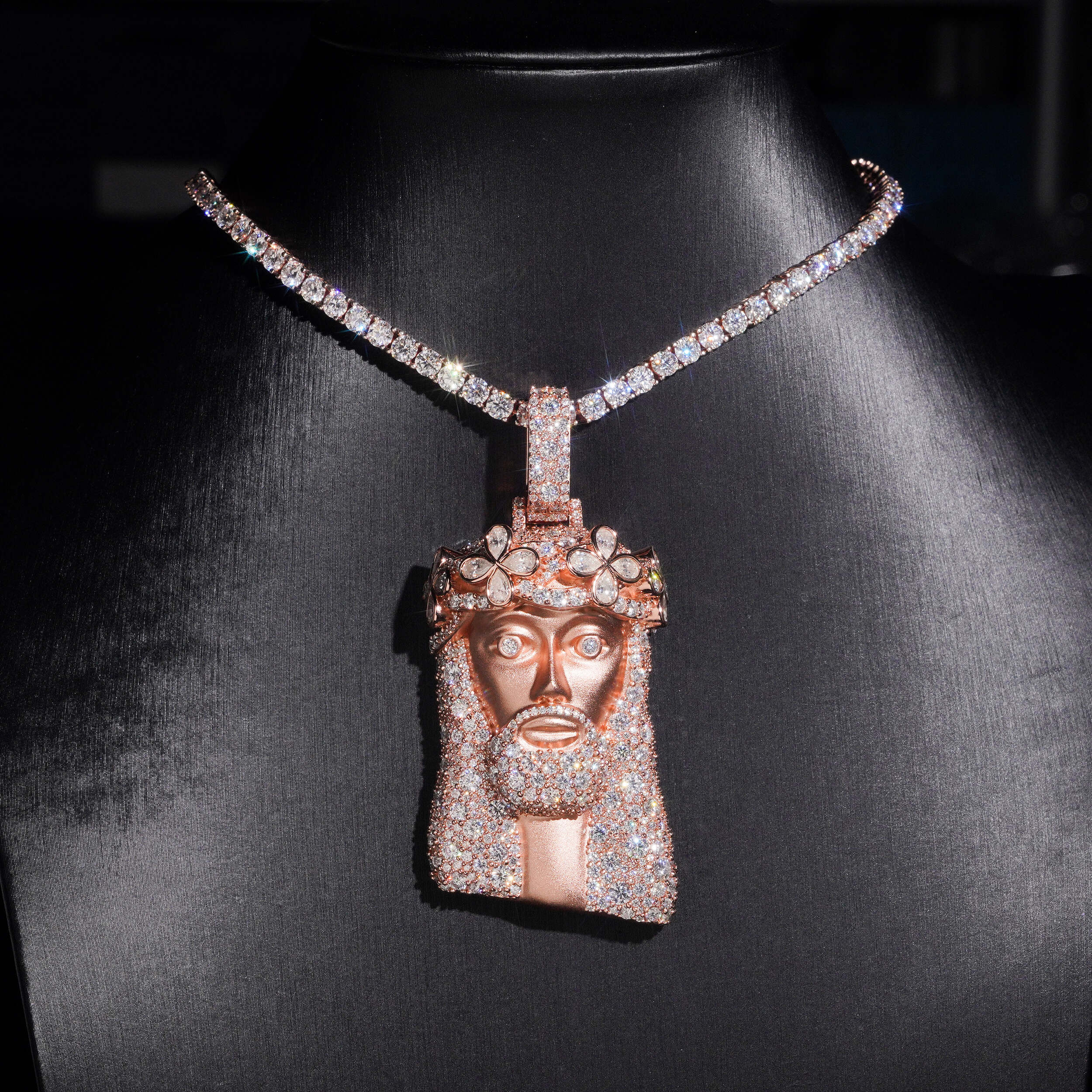 2.5Inch Tall Mosaic Setting Jesus Pendant Matt Finish Moissanite Diamond