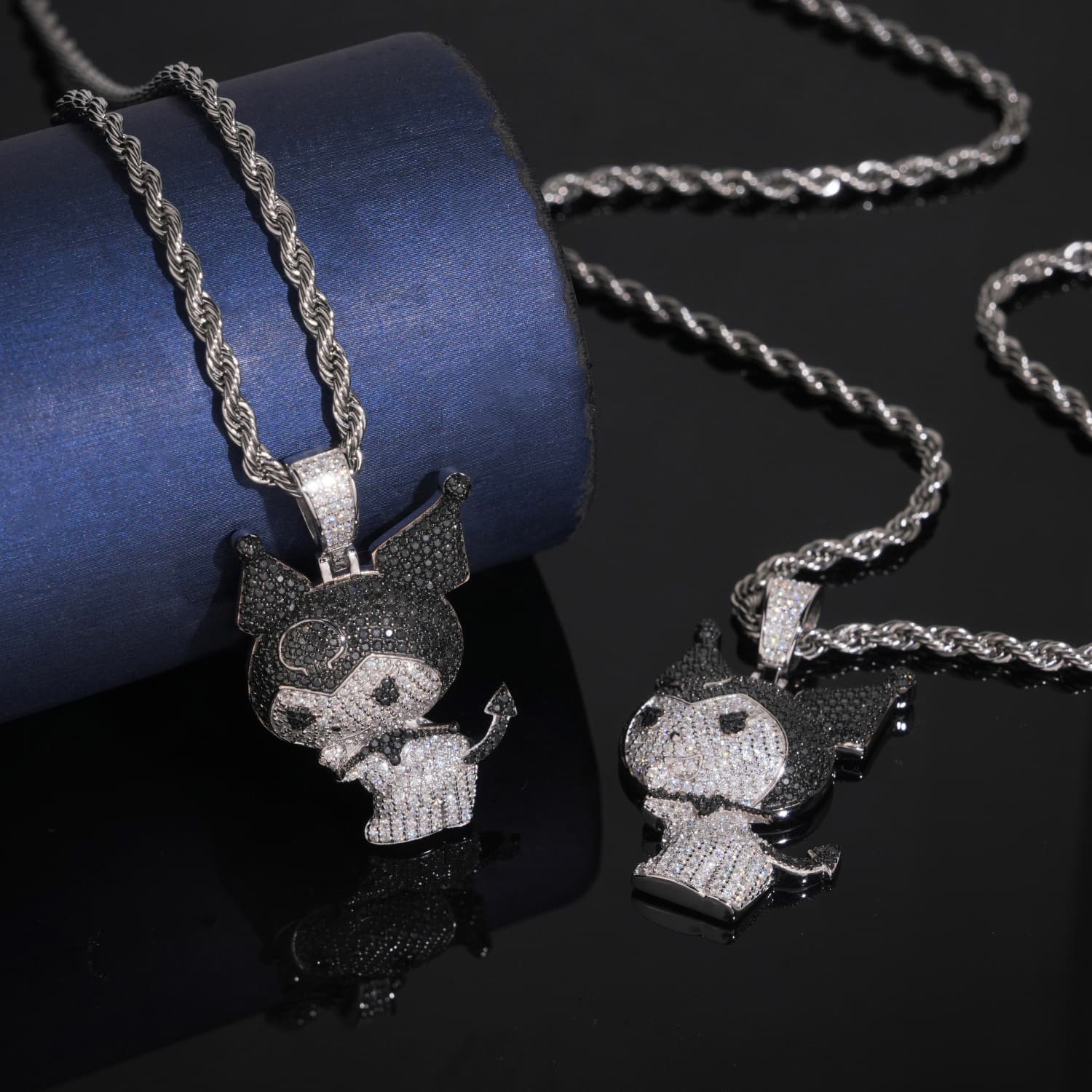 White Mix Black Moissanite Diamond Kuromi Charm Pendant