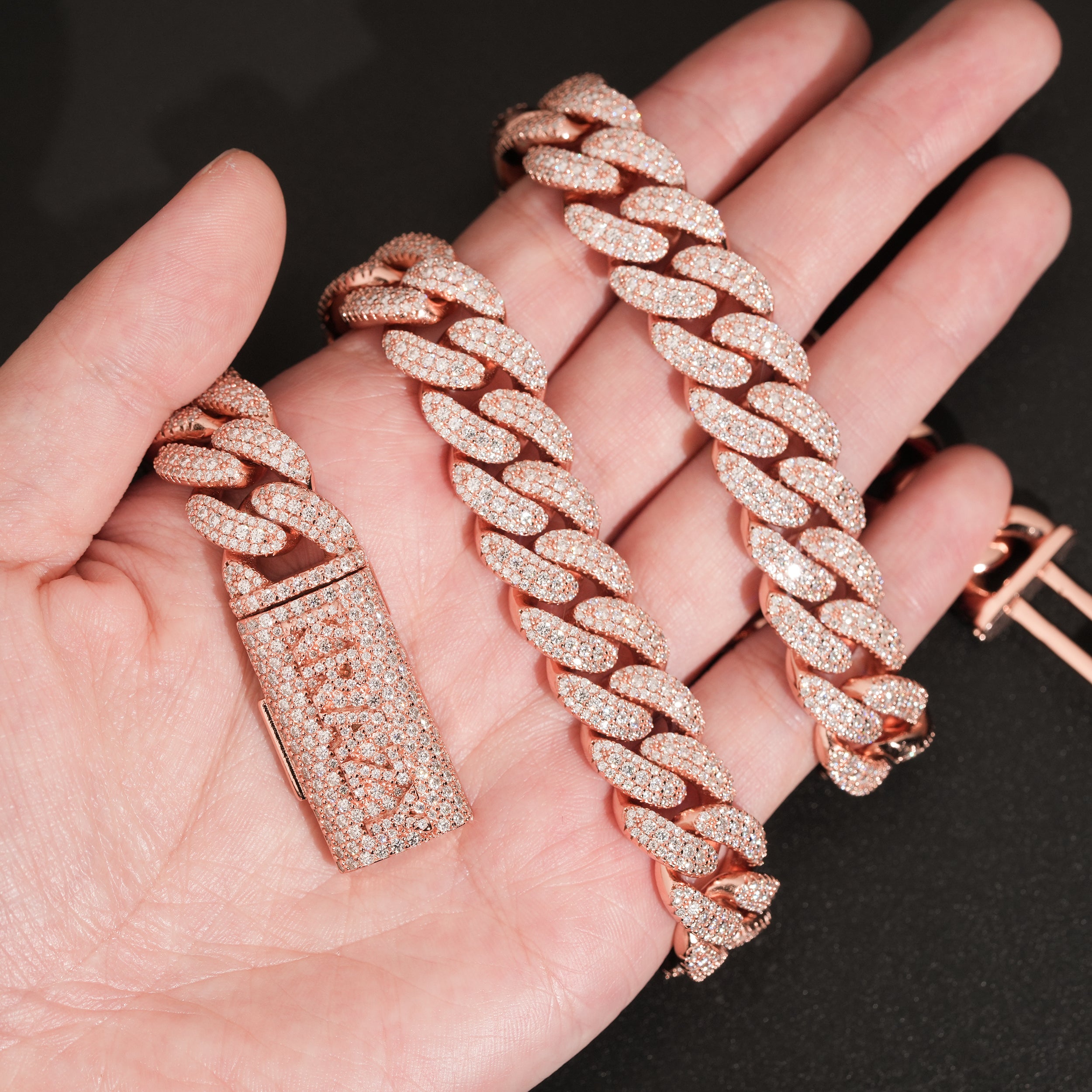 Custom Name Clasp Cuban Chain 16MM Width Rose Gold VVS Moissanite Diamond
