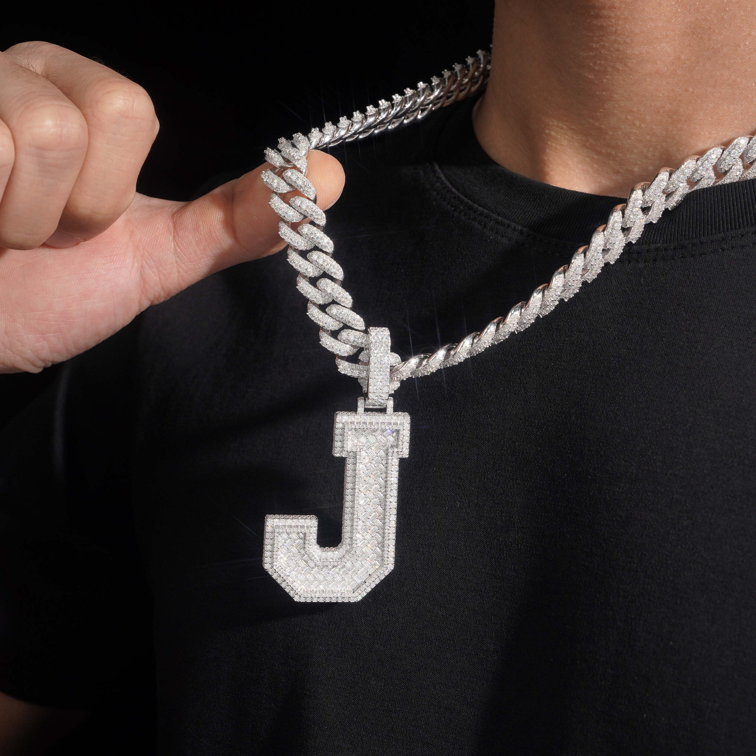 Custom Made VVS Moissanite Diamond Initial J Pendant Match 13MM Cuban Chain