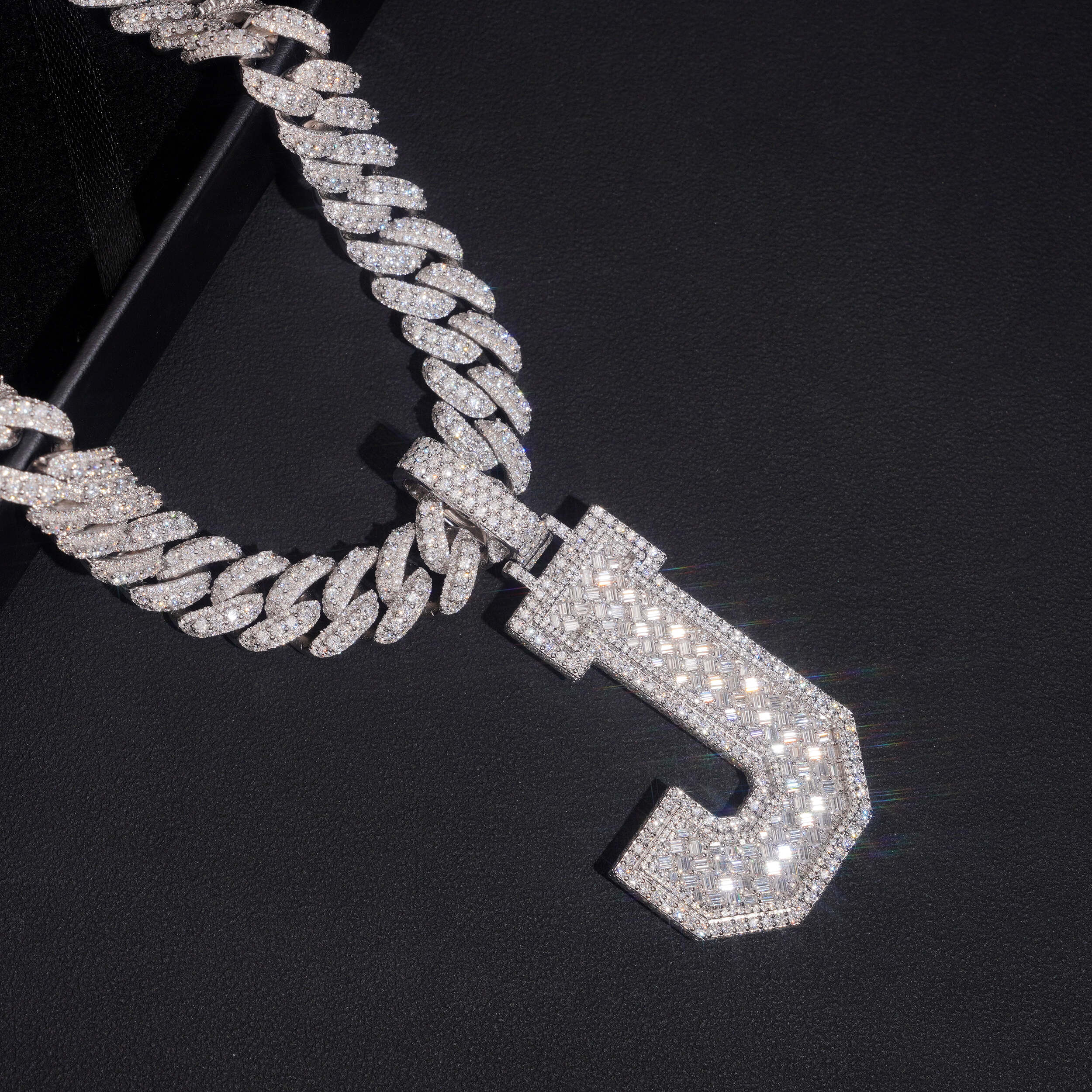 Custom Made VVS Moissanite Diamond Initial J Pendant Match 13MM Cuban Chain