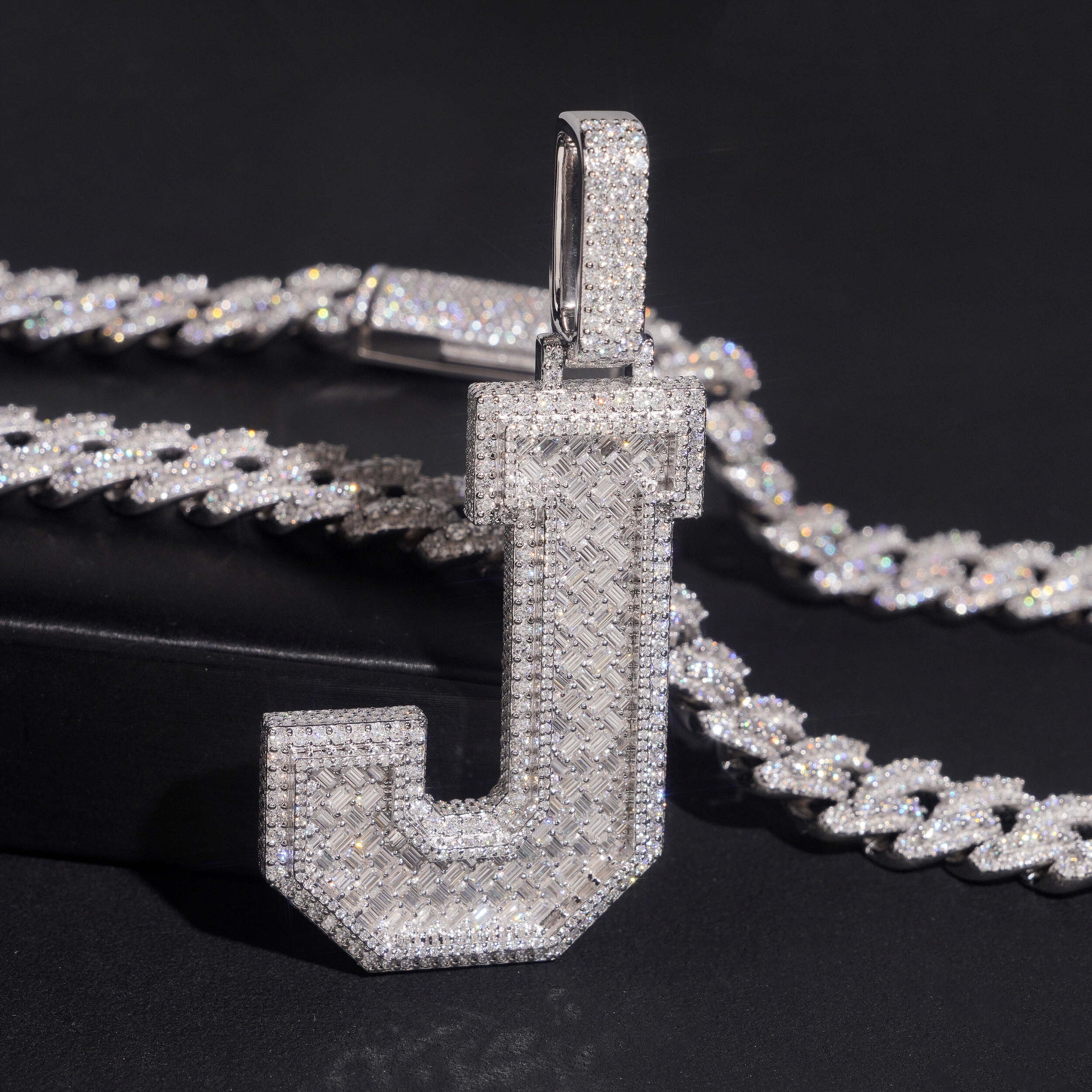 Custom Made VVS Moissanite Diamond Initial J Pendant Match 13MM Cuban Chain