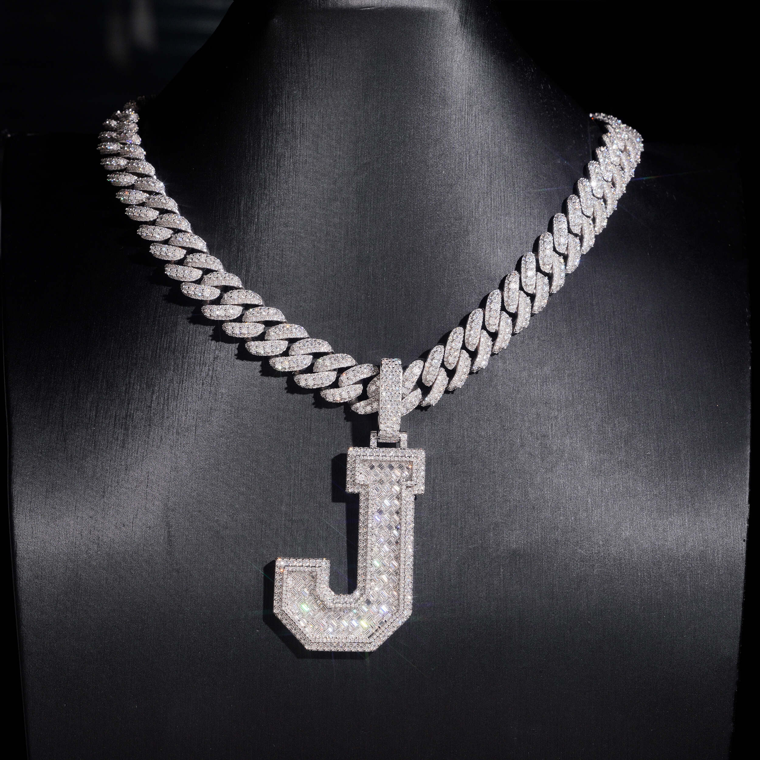 Custom Made VVS Moissanite Diamond Initial J Pendant Match 13MM Cuban Chain