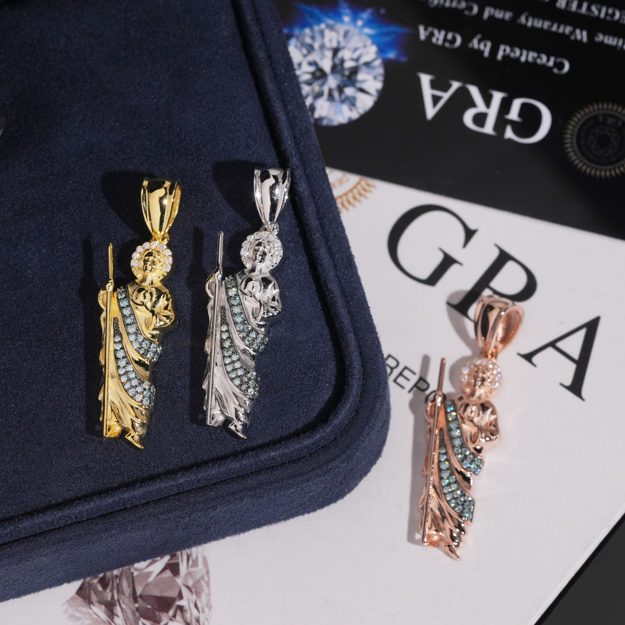 925 Sterling Silver Iced Out Blue Moissanite Saint Jesus Pendant Charm