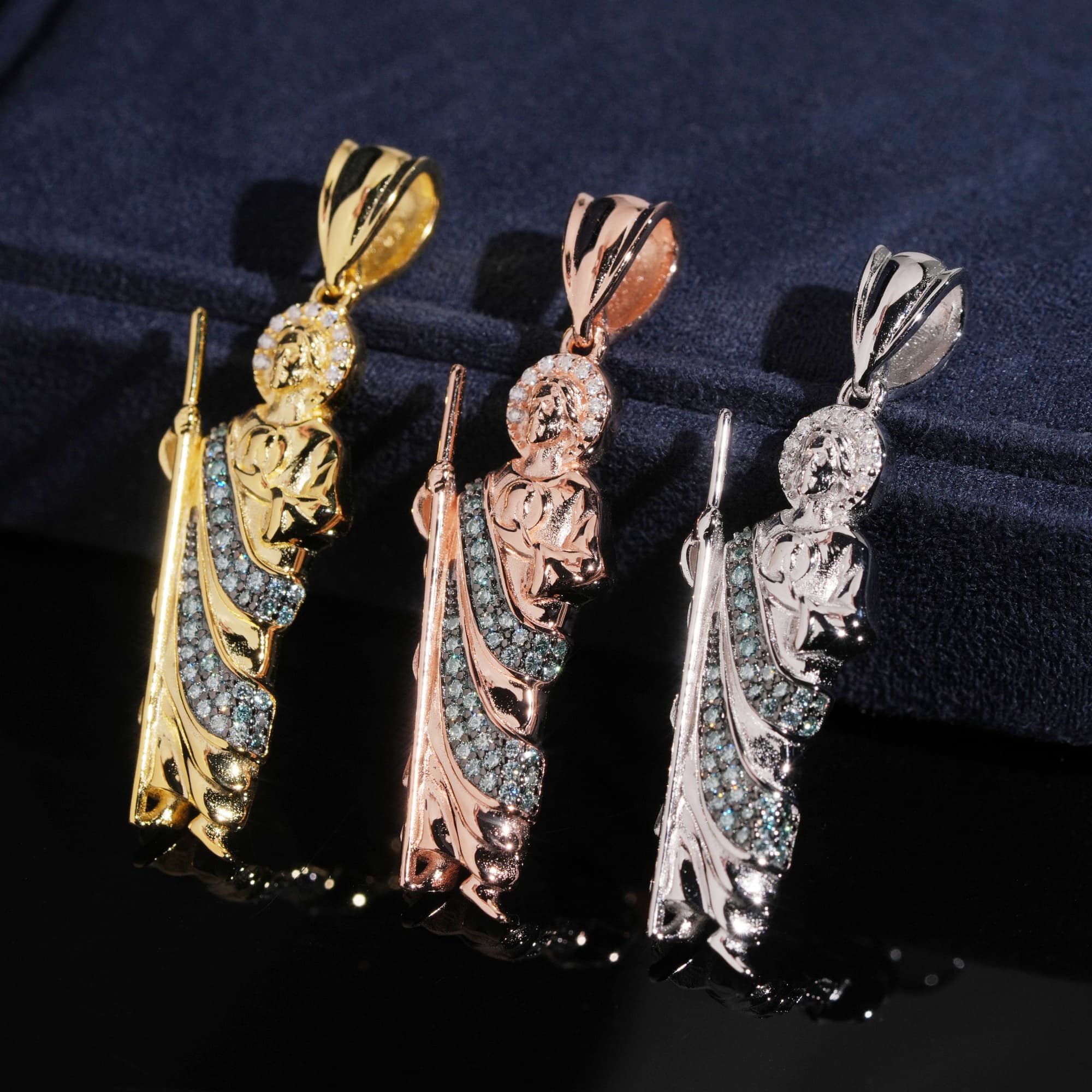 925 Sterling Silver Iced Out Blue Moissanite Saint Jesus Pendant Charm