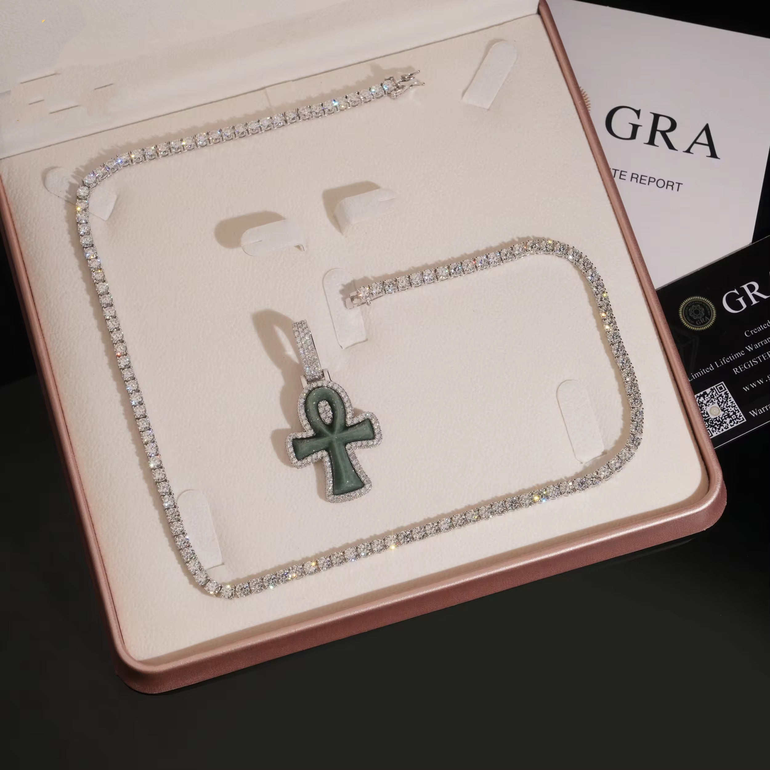 Moissanite Jade Ankh Cross Pendant Match 10MM Cuban Necklace