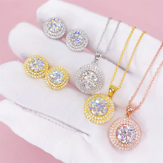 Women Fashion Design Halo Diamond Style Necklace With Earrings Moissanite Jewelry Set