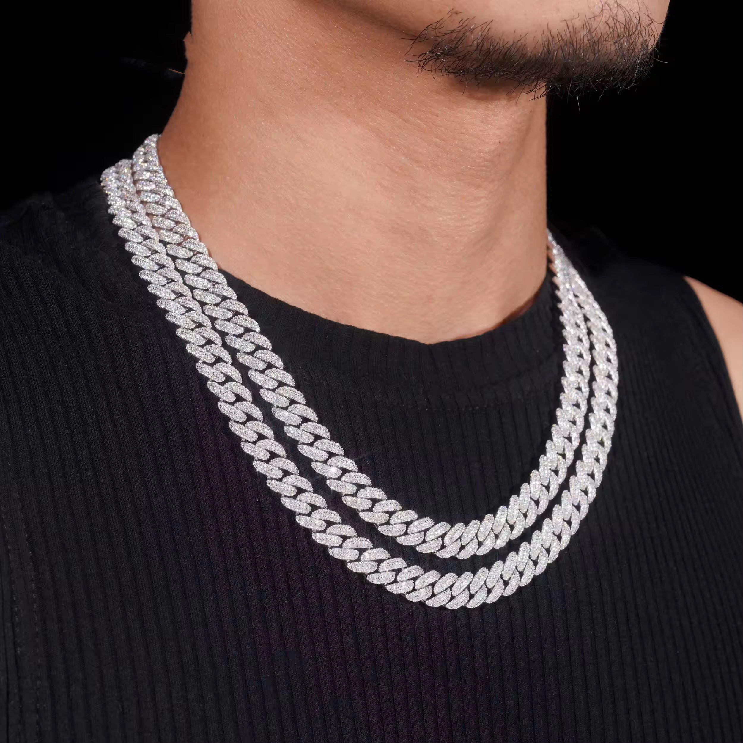 Round Link Two Rows 10MM Miami link Moissanite Cuban Nekclace Chain Sterling Silver 925