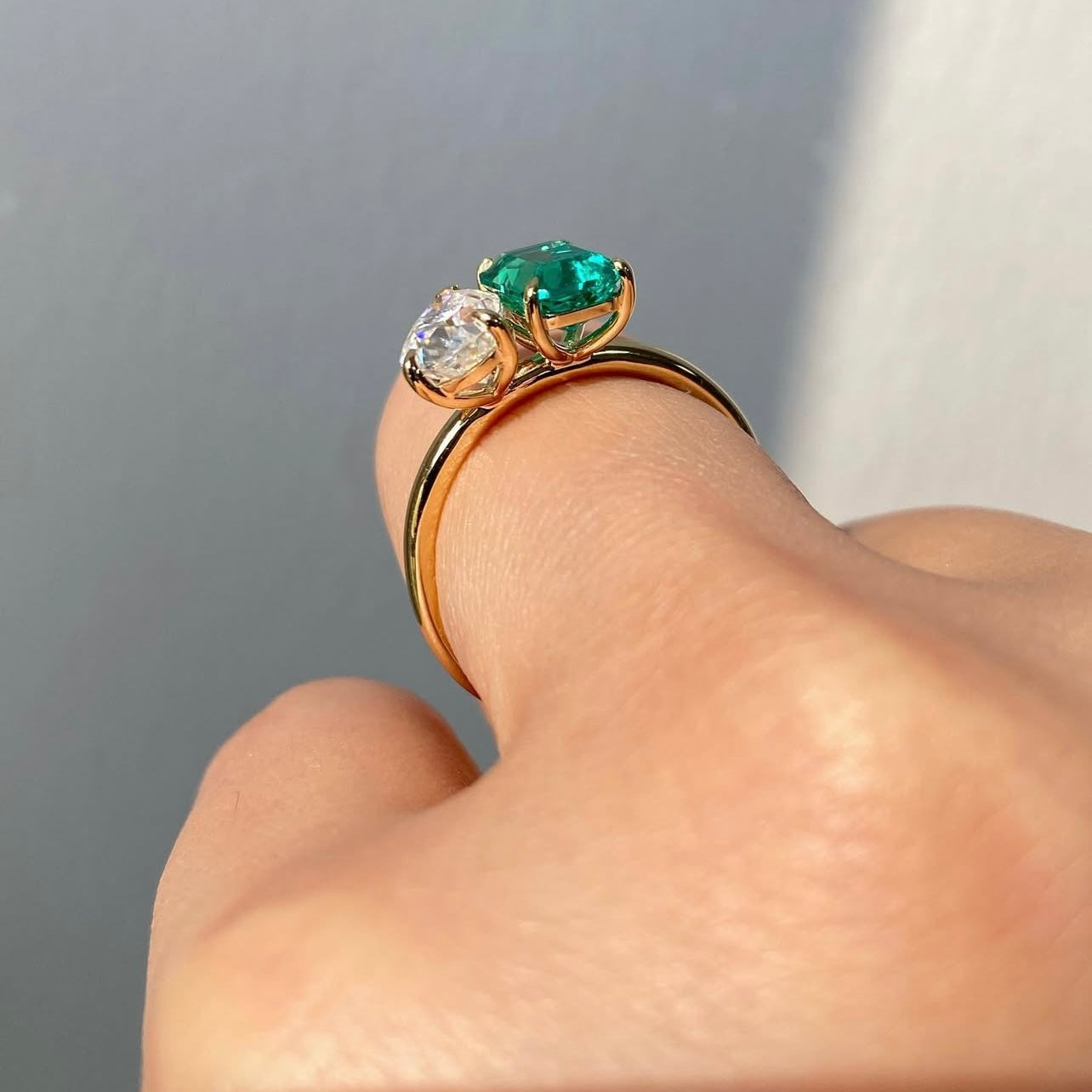 10K Yellow Gold Two Tone White Mix Lab Created Emerald VVS Moissanite Diamond Ring