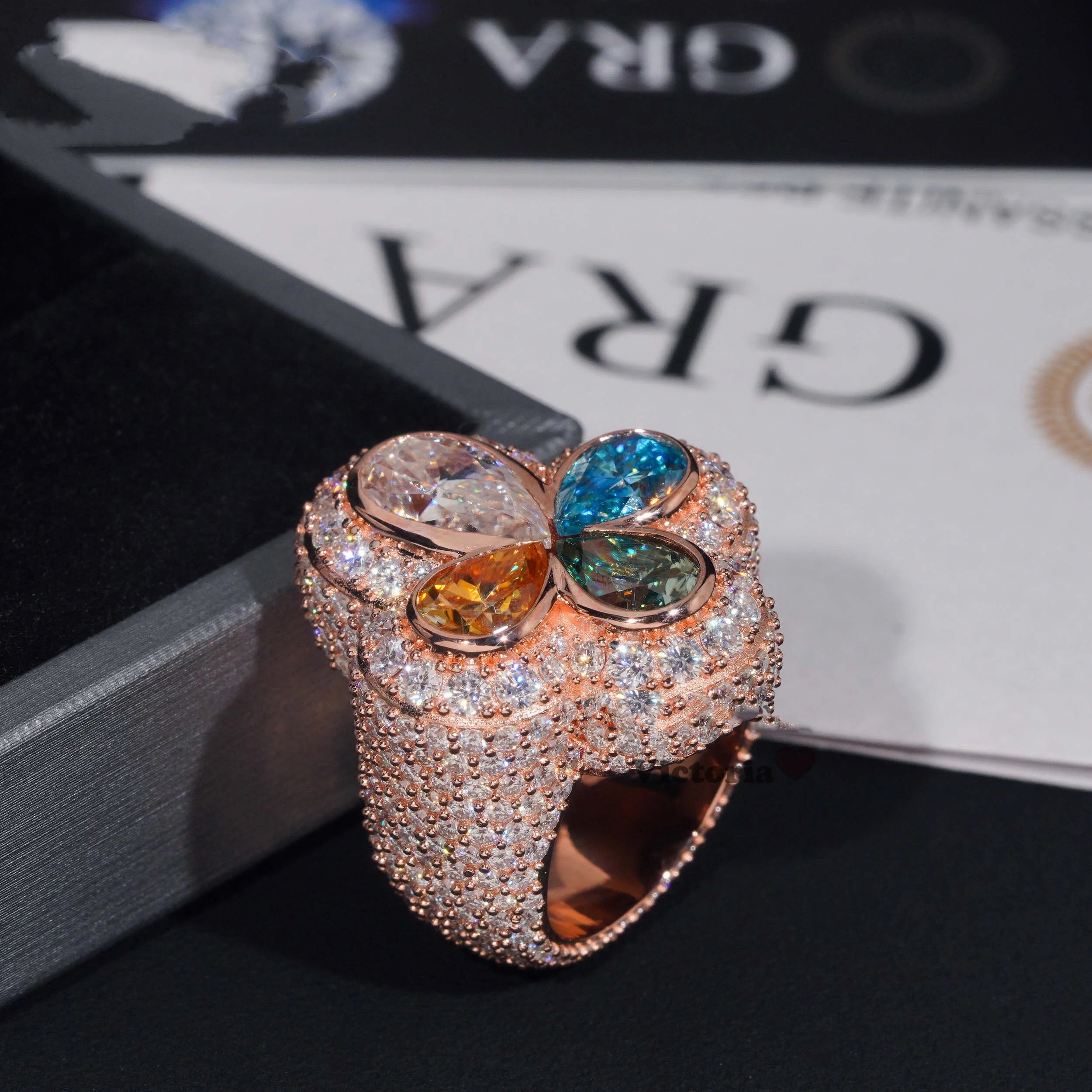 Sterling Silver Rose Gold Plated Color Moissanite Clover Ring Hip Hop Men Jewelry