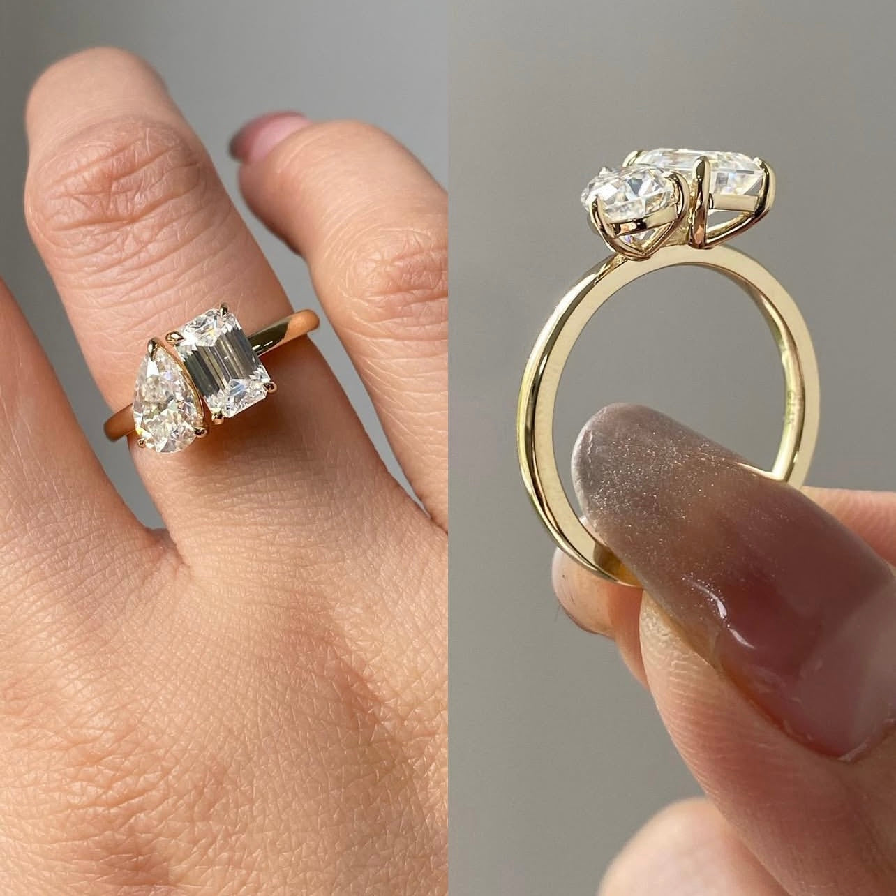 14K Yellow Gold Pear Cut Mix Emerald Cut Two Stone Design Moissanite Ring