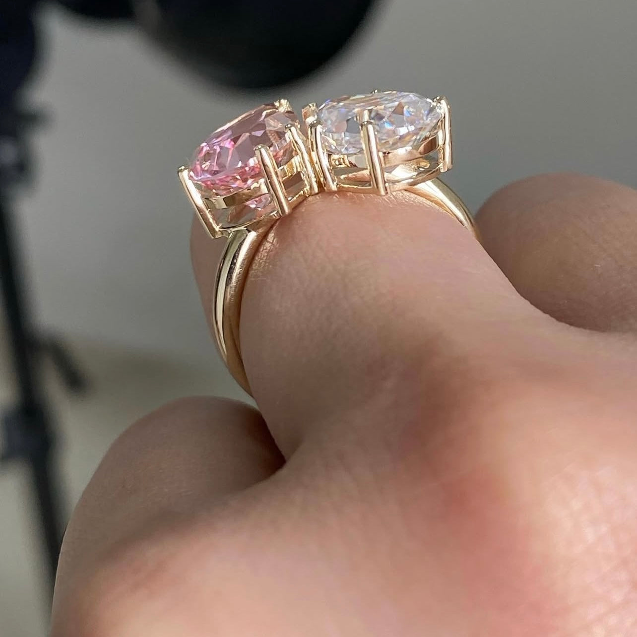 10K Yellow Gold Two Stone Design Pear Cut White Mix Pink Moissanite Diamond Women Ring Jewelry