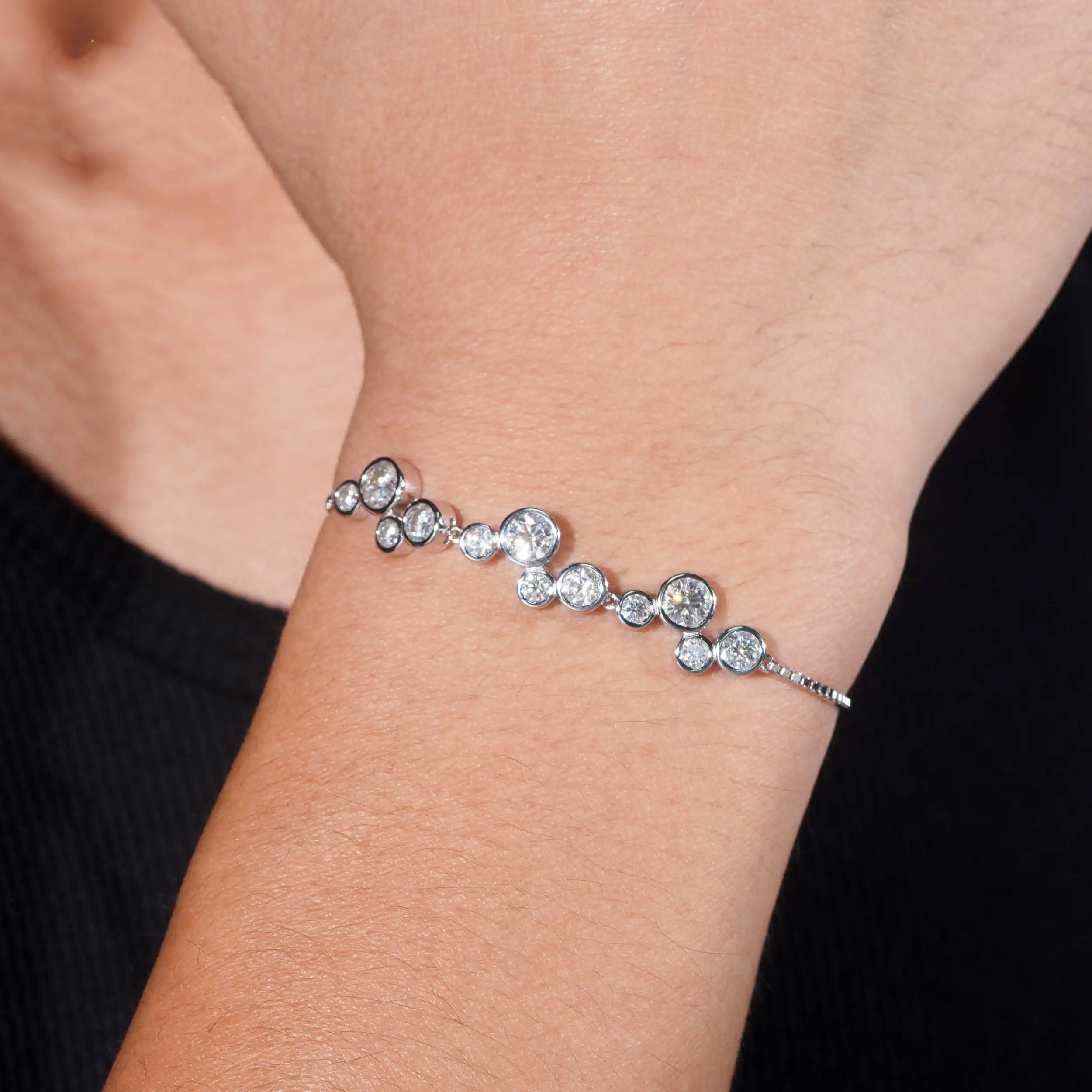 925 Sterling Silver Bezel Setting Women Adjusted Length Moissanite Diamond Bracelet