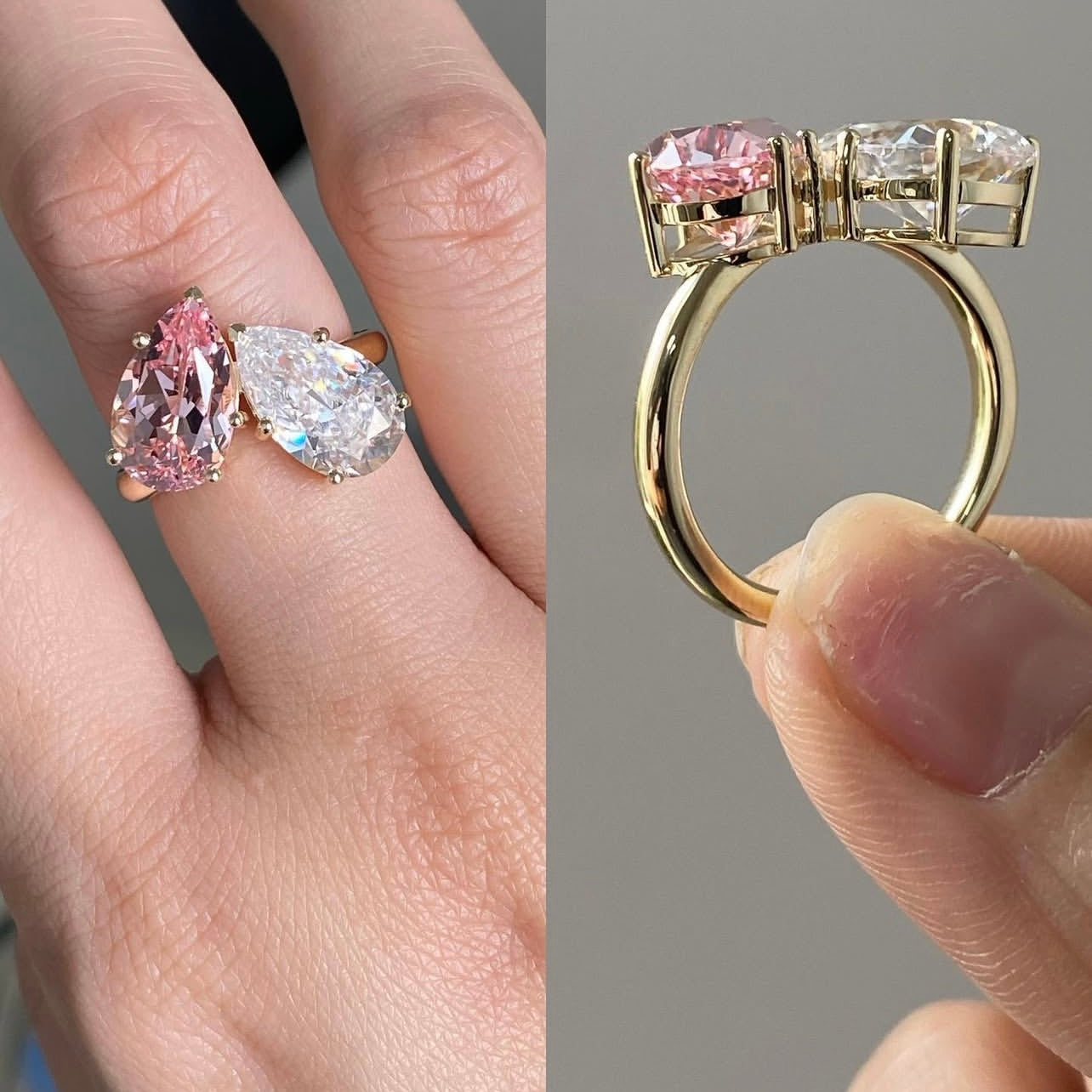 10K Yellow Gold Two Stone Design Pear Cut White Mix Pink Moissanite Diamond Women Ring Jewelry