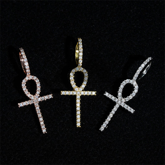 Hip Hop Iced Out Moissanite Ankh Cross Pendant Pass Diamond Tester Fit For 4mm Tennis Chain