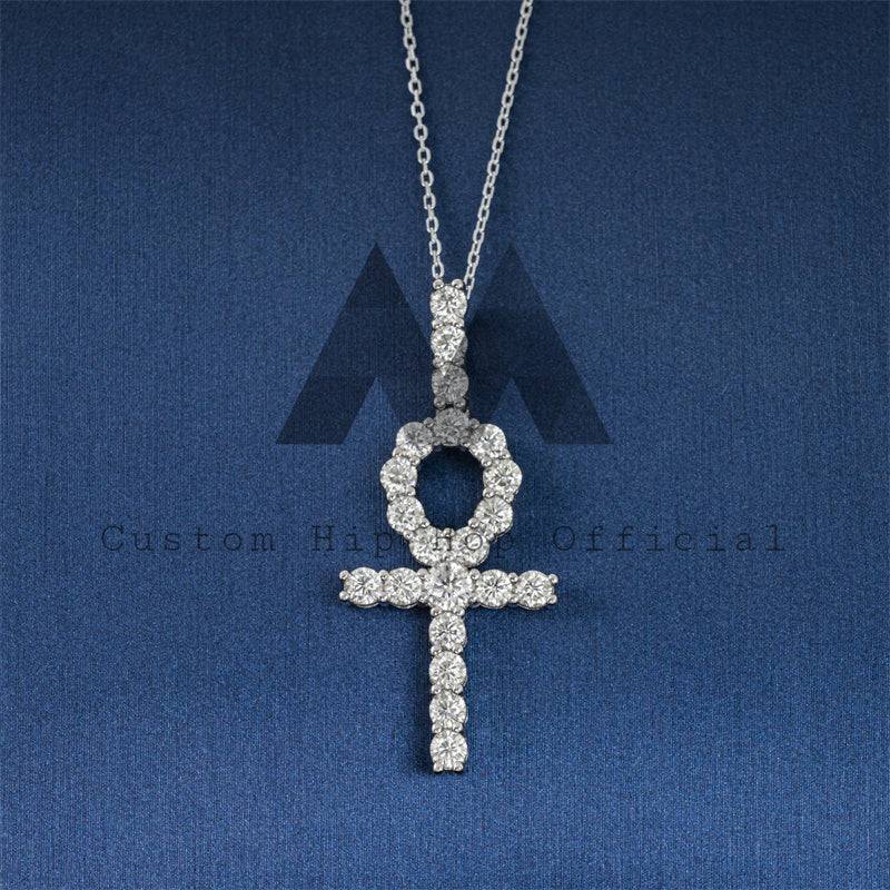 Solid Silver Men's Hip Hop Jewelry with 4MM Moissanite Diamond Ankh Cross Pendant Fit For 4MM Tennis Chain3