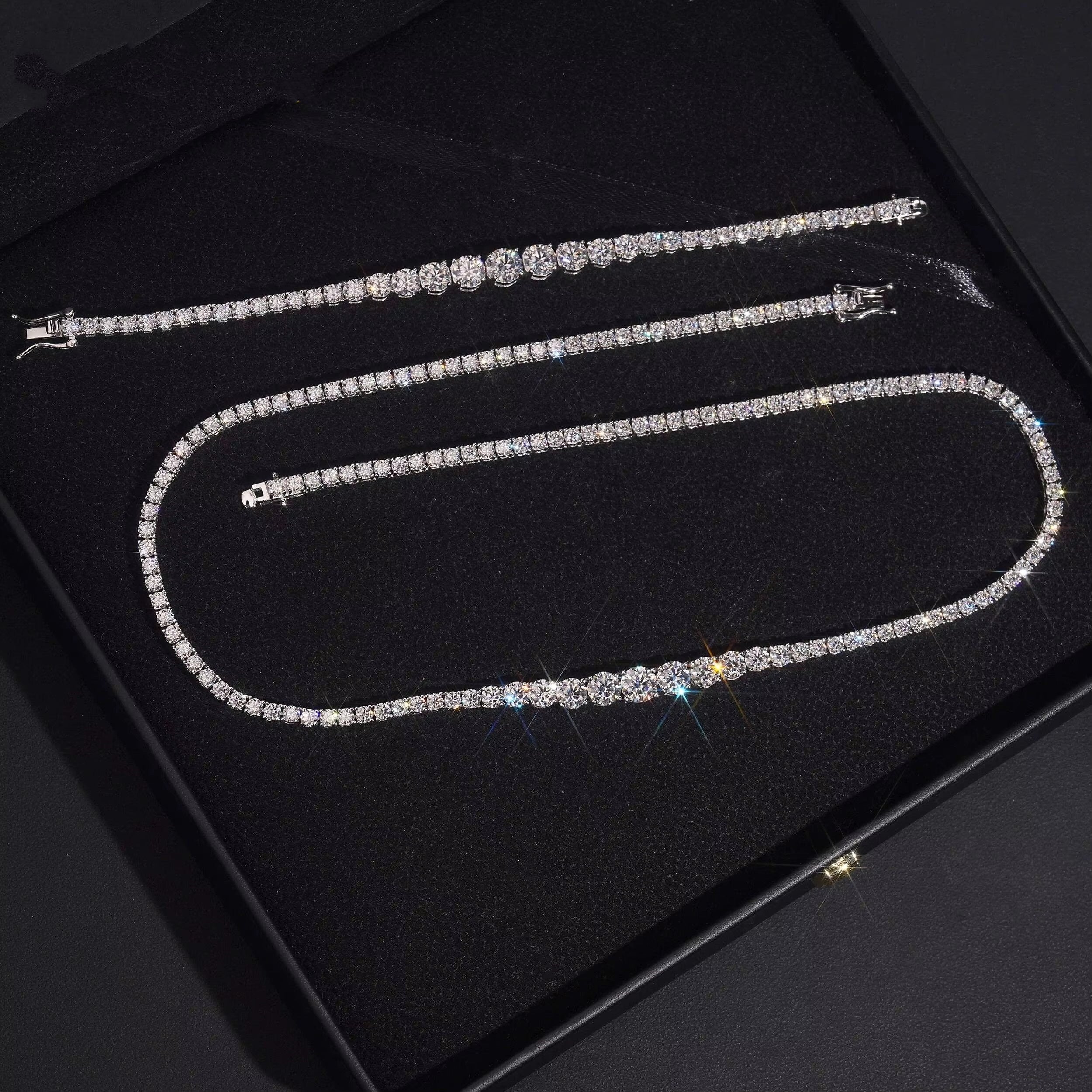 925 Sterling Silver Moissanite Diamond Gradient Size Tennis Necklace Bracelet