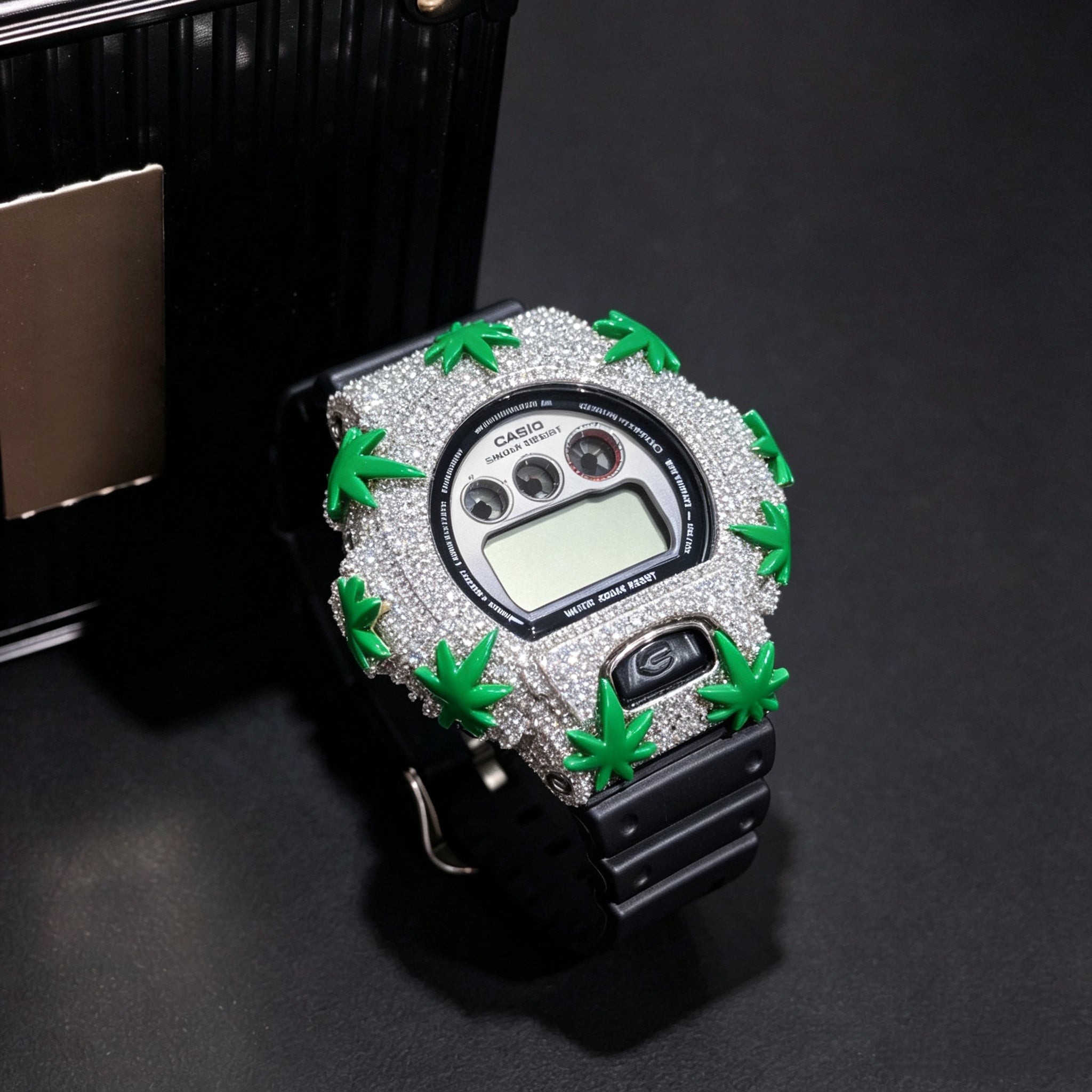 Custom Mde Green Enamel Leaf Iced Out G Shock Watch