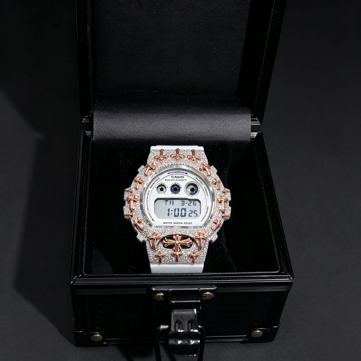 Rose Gold Two Tone Cross Feature Moissanite G Shock Watch