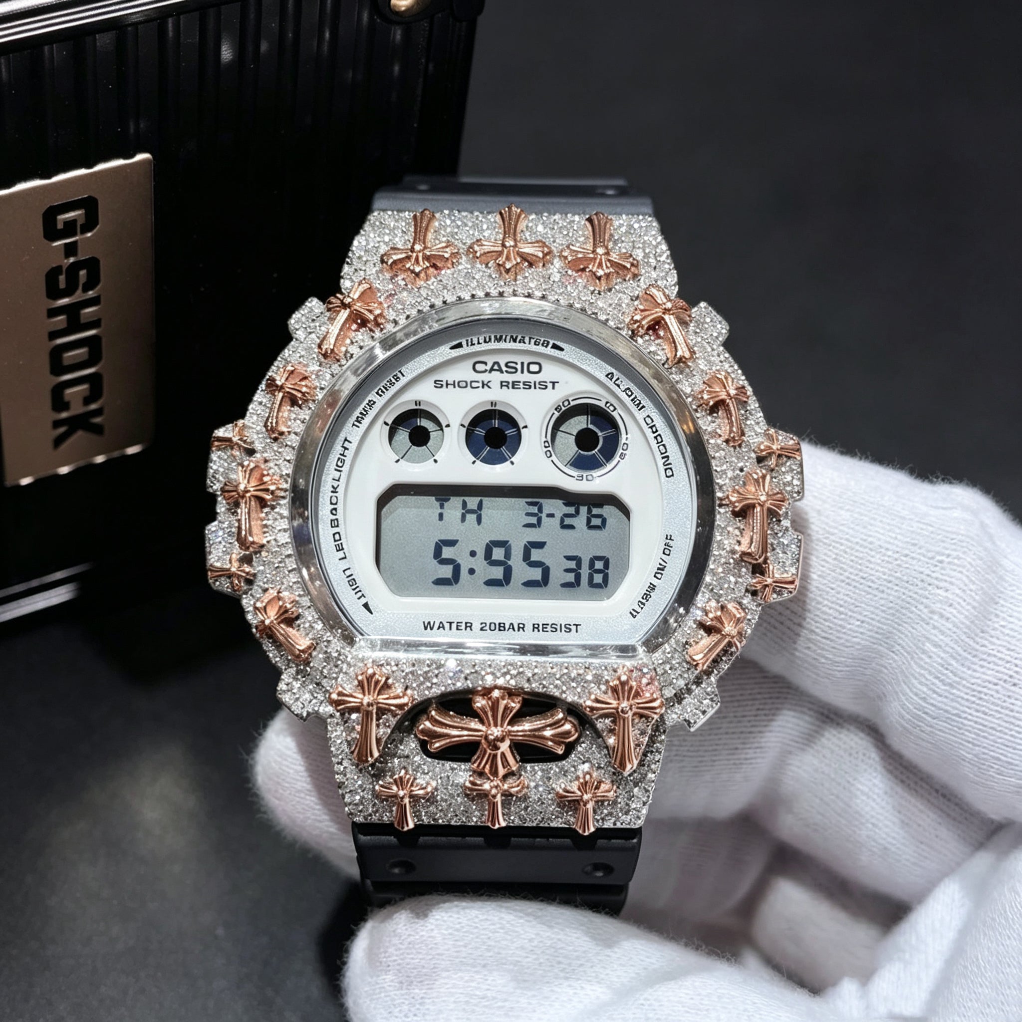 Rose Gold Two Tone Cross Feature Moissanite G Shock Watch