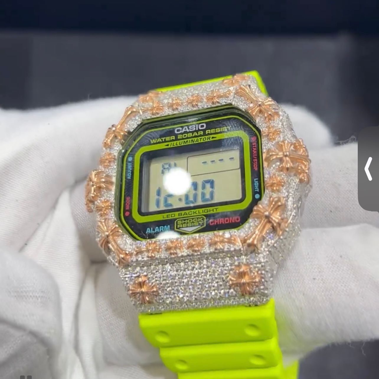 Rose Gold Two Tone Fully Iced Out VVS Moissanite Diamond G Shock DW5600 Watch