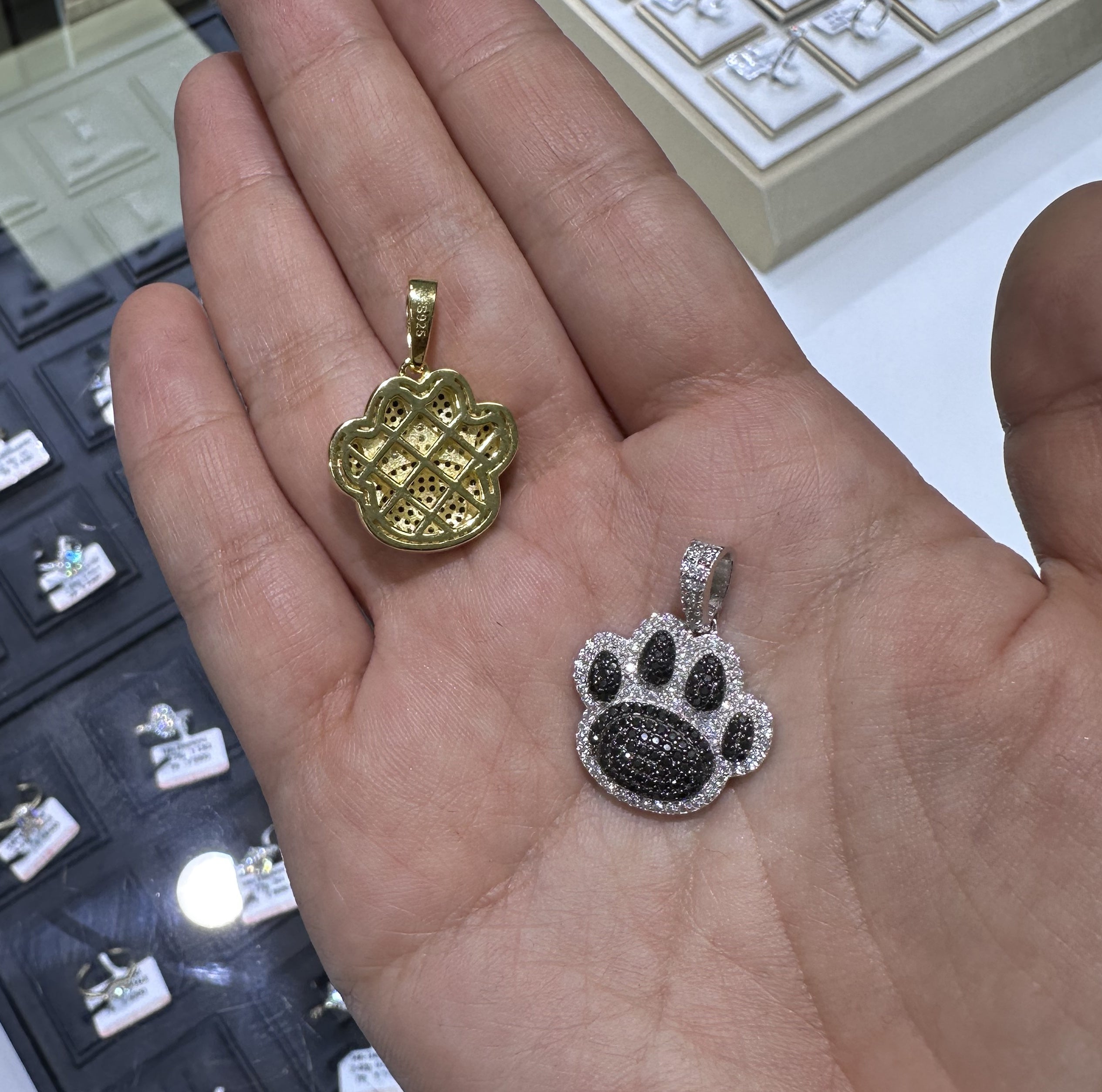 White Mix Black Moissanite Diamond Mini Size Dog Paw Pendant