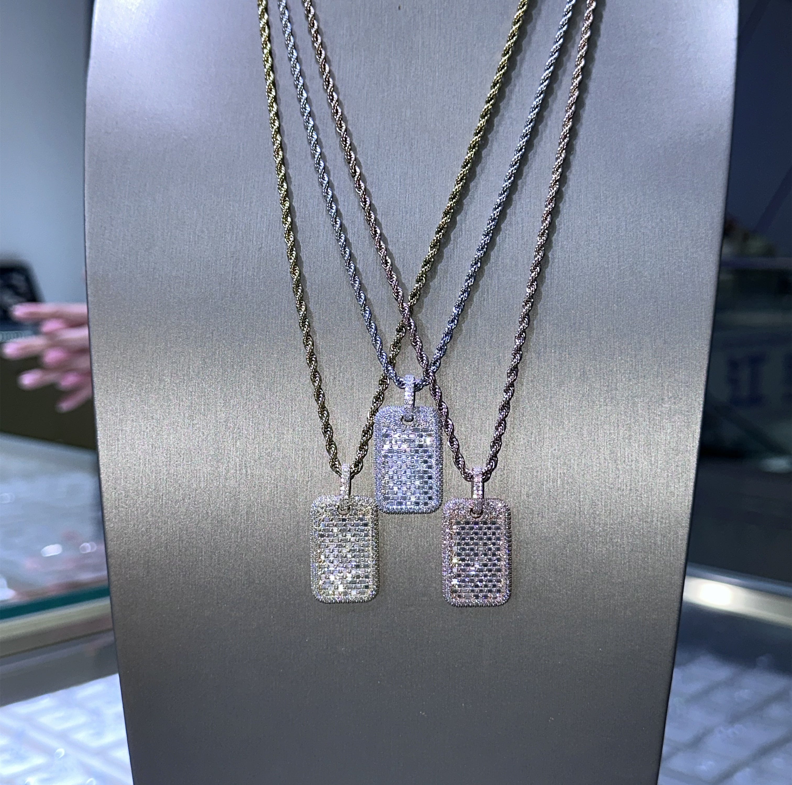 Mini Size Dogtag Pendant VVS Baguette Cut Moissanite