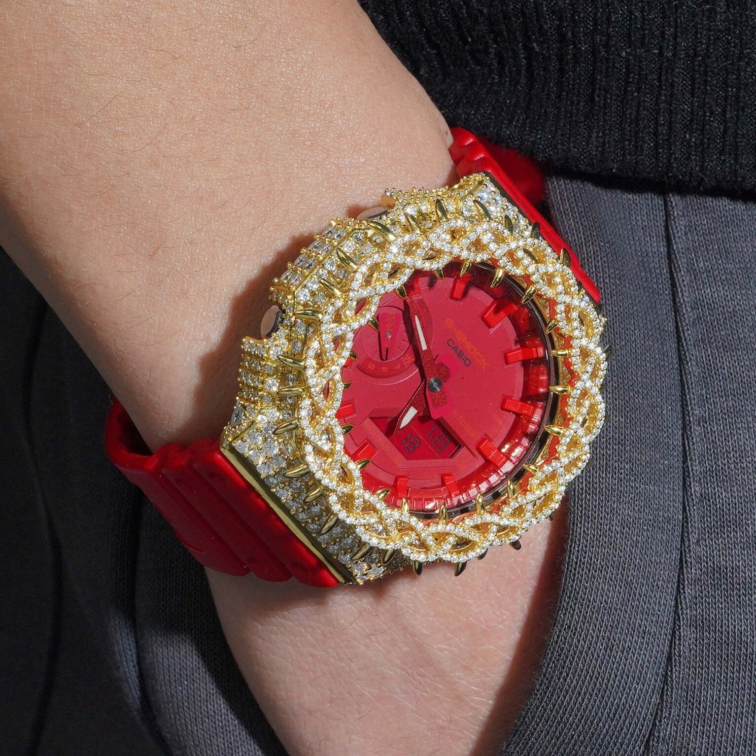 Red Strap GA2100 Gold Moissanite G Shock Watch
