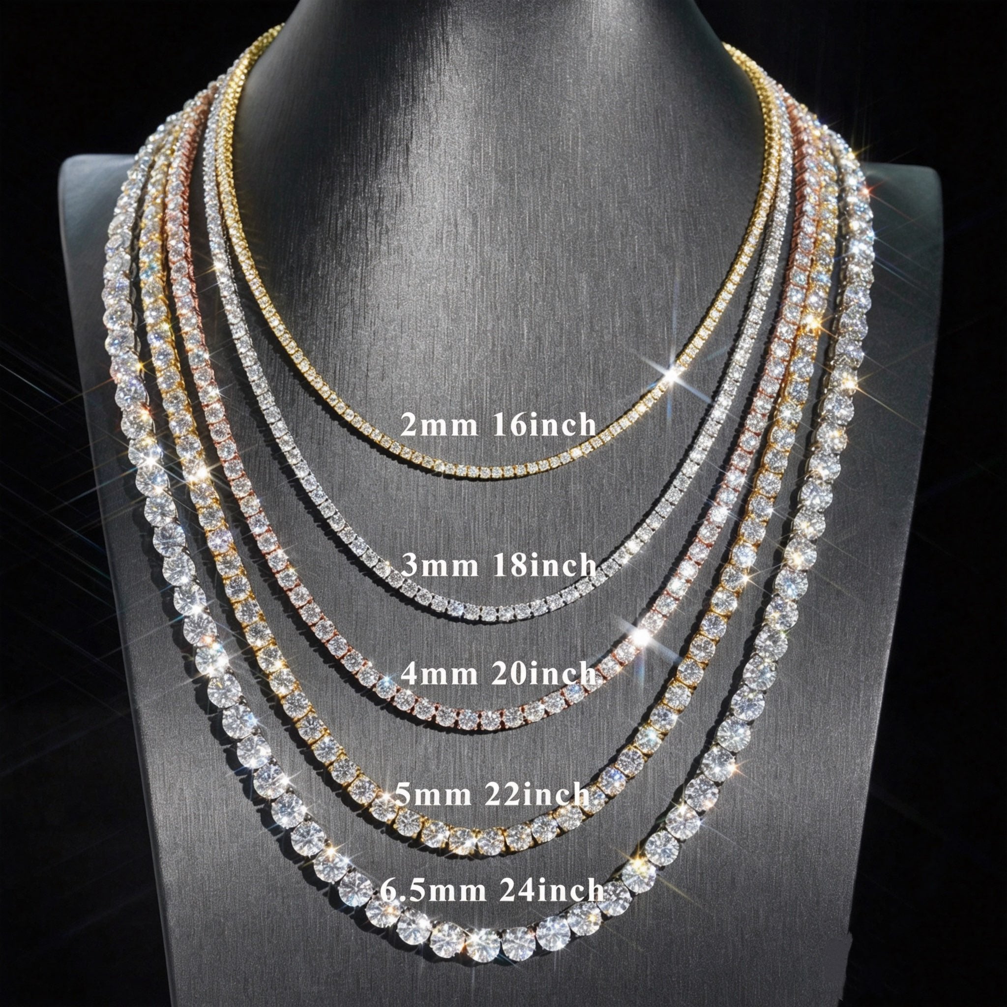 2mm 3mm 4mm 5mm 6.5mm Moissanite Tennis Necklace, 925 Silver Gold-Plated