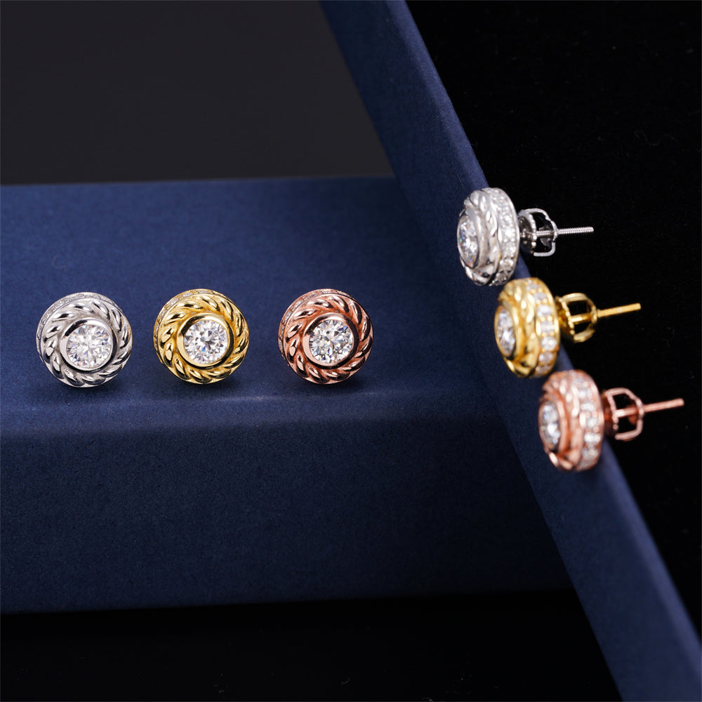 Solid Silver Men Bezel Setting Moissanite Diamond Stud Earrings Screw Back